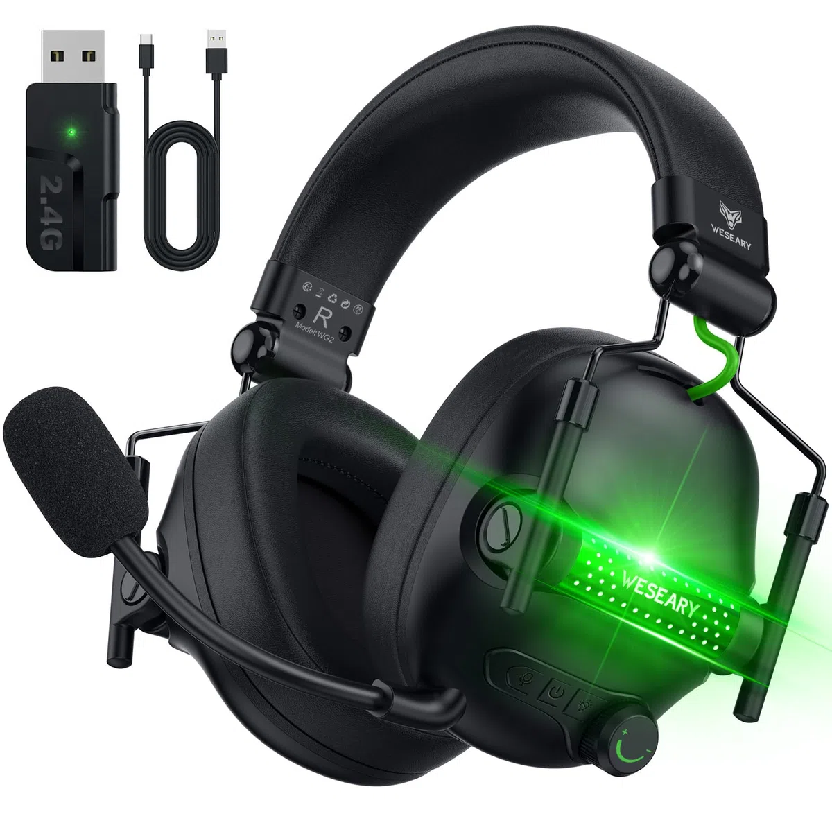 WESEARY WG2 Cascos Gaming Inalambricos, Auriculares Gaming Inalambricos de 2.4G para PS5, PS4, PC, Switch, Sonido Estéreo 7.1 Auriculares con Microfono, Cascos PS5 con Luz RGB, Duración 50Hr+