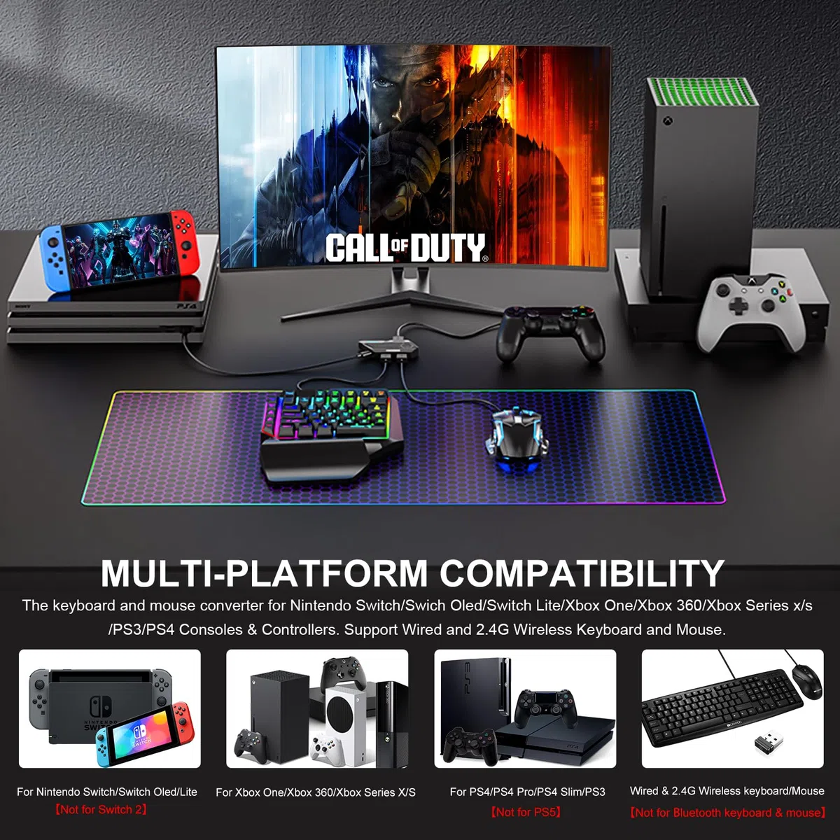 Arvin - Adaptador de Teclado y Mouse para Nintendo Switch, Xbox Series/Xbox One/Xbox 360, PS3/PS4, Adaptador de Interruptor de Teclado y convertidor de Mouse Compatible con asignación de Teclas