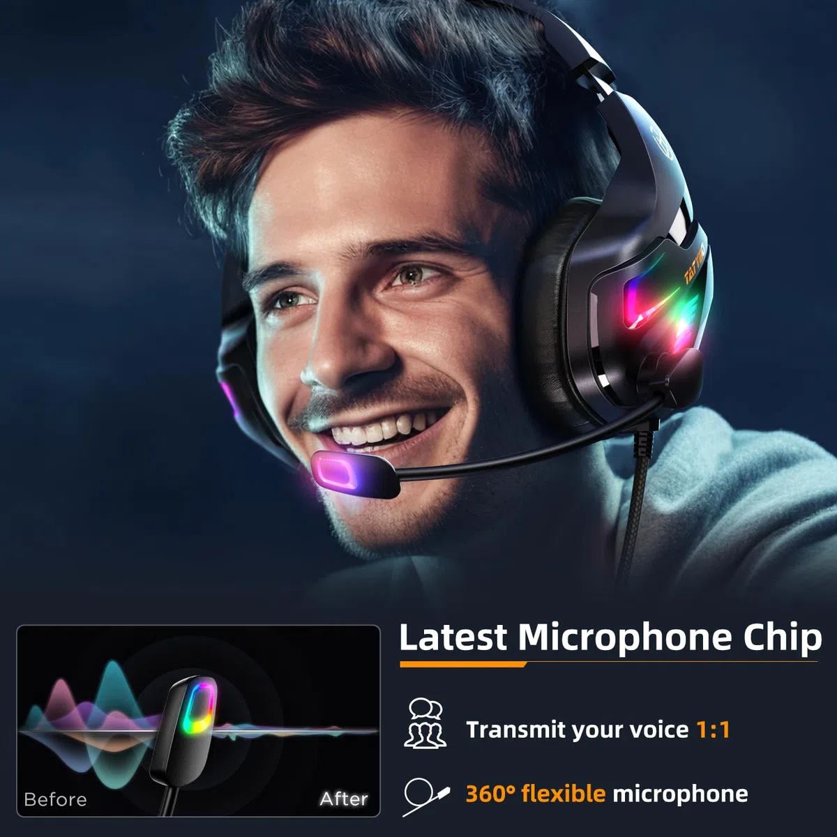 Cascos Gaming con Micrófono, Cascos con Nivel de Sonido Envolvente Rico, Orejeras Grandes y 4 Modo Luz RGB, Auriculares Gaming para Ps4 Ps5 PC Xboxone Switch