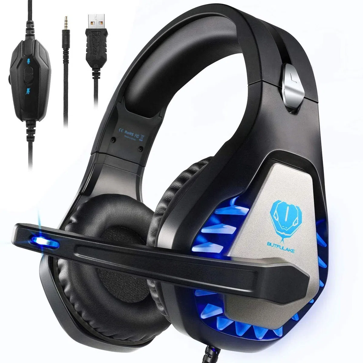 Butfulake GH-1 - Auriculares de diadema para juegos para PS4, Xbox One, Xbox One S, PC, Nintendo Switch, Mac, auriculares estéreo de 3.5 mm con cancelación de ruido y luz LED, color azul
