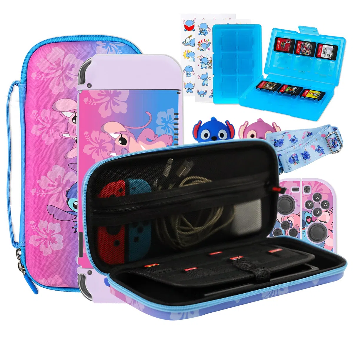 PERFECTSIGHT Funda de transporte para consola Nintendo Switch con accesorios 10 en 1, Paquete azul y morado, S y A