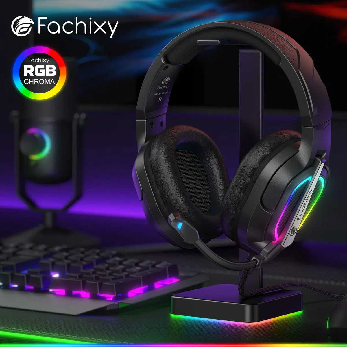 Fachixy FC-200 Cascos Gaming para PS4, PS5, PC, Xbox, Nintendo Switch, Auriculares Gaming para PS5 con micrófono ENC, para Juegos de 3,5 mm con luz RGB (RGB Negro)