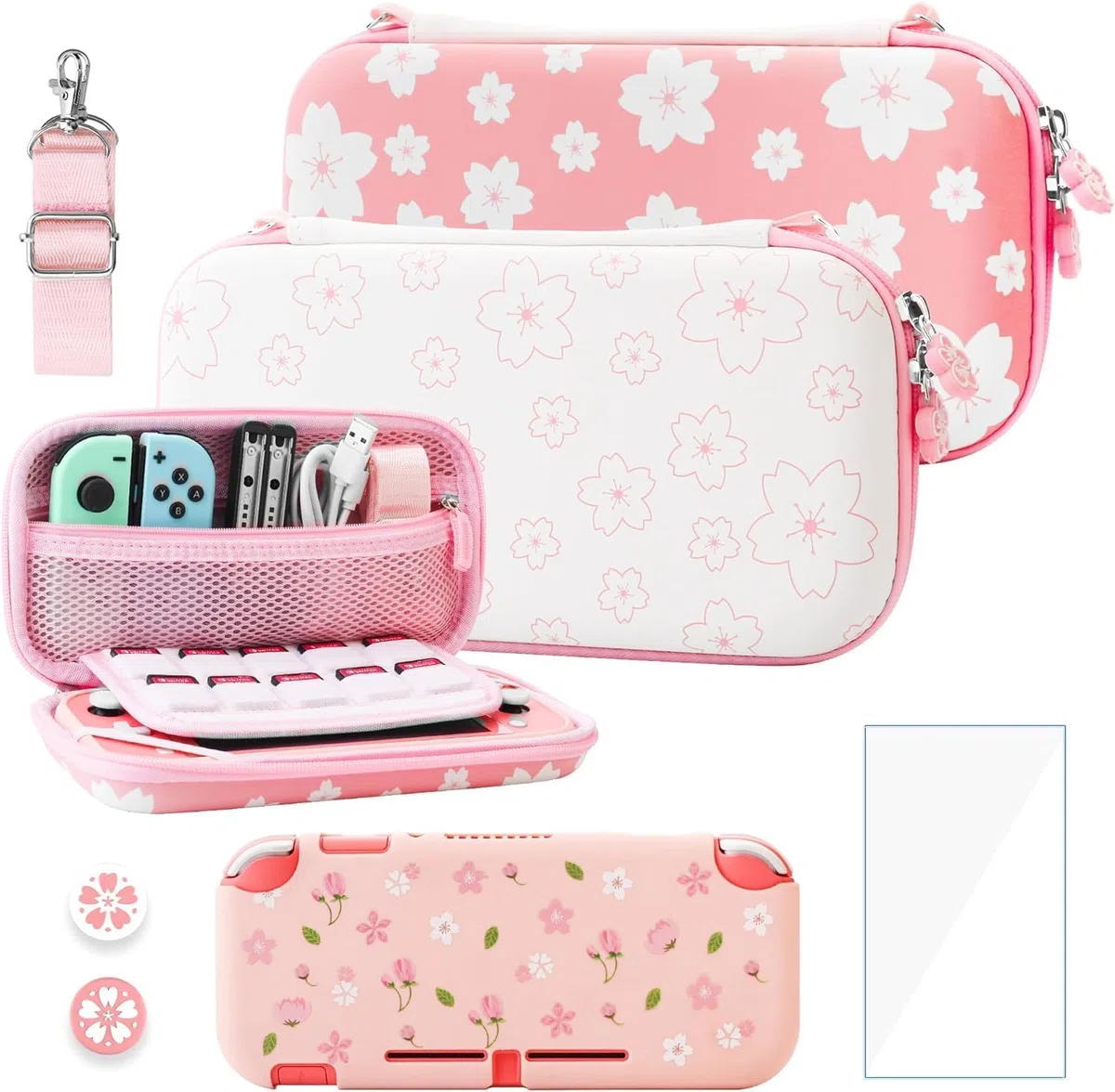 RHOTALL Funda de transporte con diseño de flor de cerezo rosa y blanco para Nintendo Switch Lite, funda de almacenamiento potable para accesorios Switch con funda protectora, protector de pantalla,