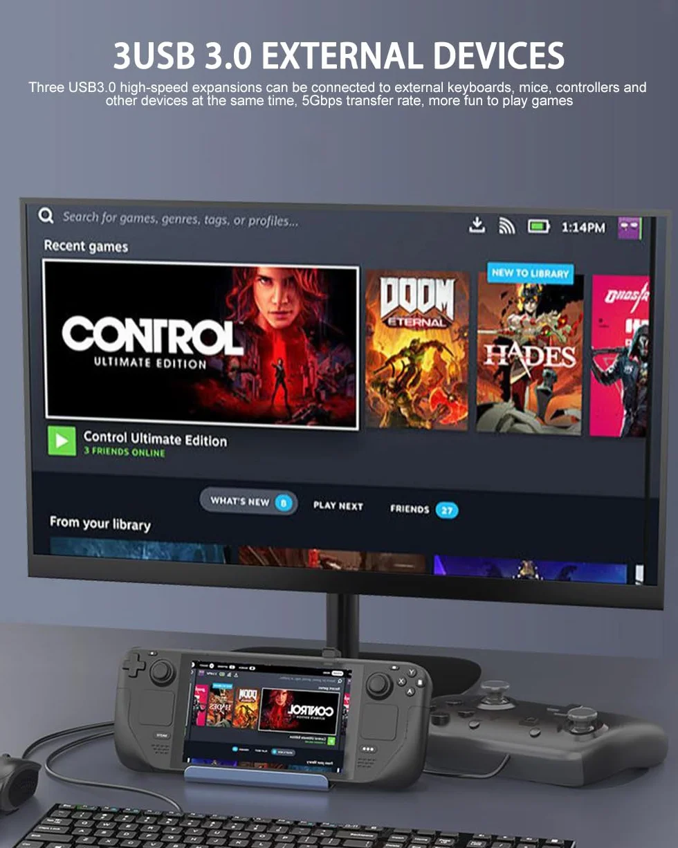 Estación de acoplamiento para Steam Deck OLED, base de cubierta de vapor 6 en 1 con HDMI 2.0 4K 60Hz, LAN Gigabit Ethernet de 1000 Mbps, 3 USB 3.0, puerto USB C de carga de 100 W para válvula de
