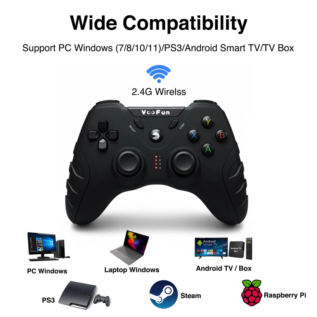 VooFun Mando PC, Inalámbrico 2,4G Mando PS3 Gamepad PC con Hall Joystick(ADIÓS AL DRIFT), Dual Vibración, Gaming Mandos para Windows 7/8/10/11, PS3, Laptop, Steam, Raspberry Pi, Android TV/TV Box