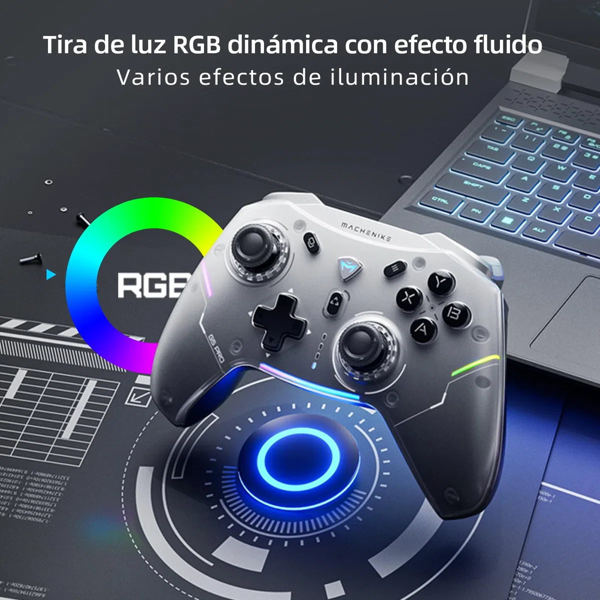 Machenike G5 Pro Mando PC Inalambrico for Windows,Switch,IOS&Android,Mando para PC,Hall Effect Joystick＆Triggers/Gyroscope,RGB Lights (Negro)