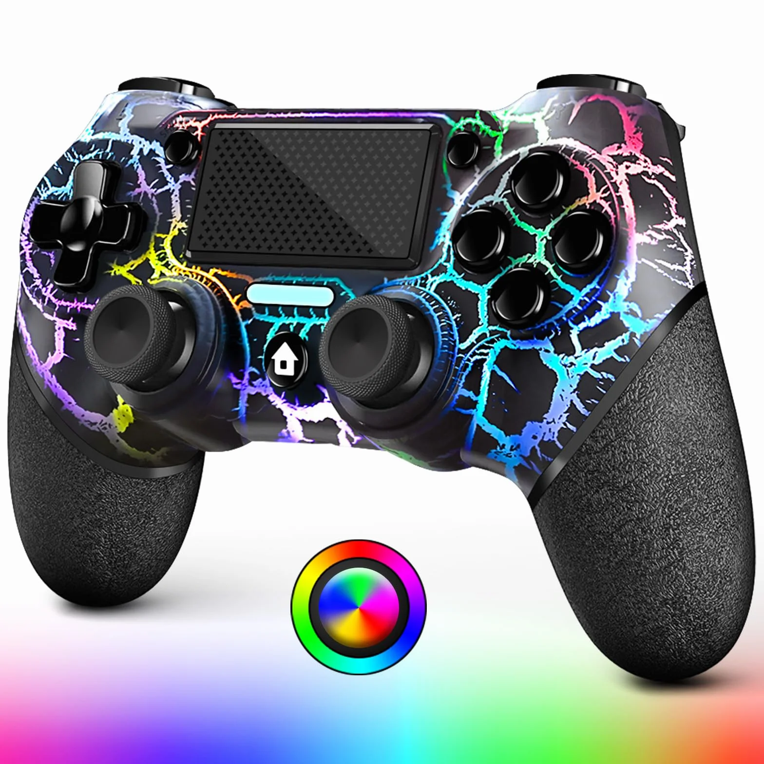 AceGamer OLED Mando Inalámbrico para PS4, Crack Negro Diseño Personalizado con Luz RGB, Batería de 1000mAh, Jack de Audio de 3.5mm y Función Turbo, Compatible con PS4/Slim/Pro y Windows PC