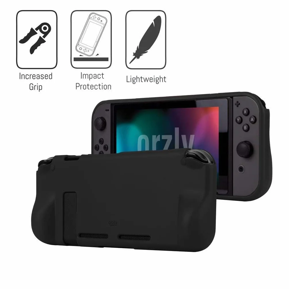 Orzly PACK ESENCIAL de Accesorios para Nintendo Switch [Incluye: Protectores de Pantalla, Cable USB, Funda para Consola, Estuche Tarjetas de Juego, Funda Comfort Grip, Auriculares] – NEGRO