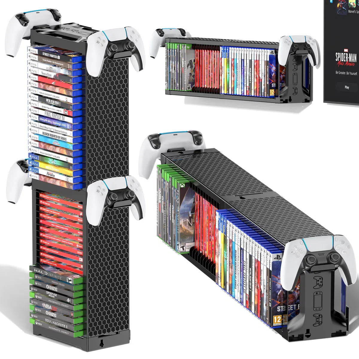 Torre de Almacenamiento de Videojuegos con Soporte para Mando, Soporte Juego para NS 2/PS5/PS4/Xbox, Organizador de Videojuegos para 40 Discos, Vertical & Horizontal Estantería Discos, Accesorio juego