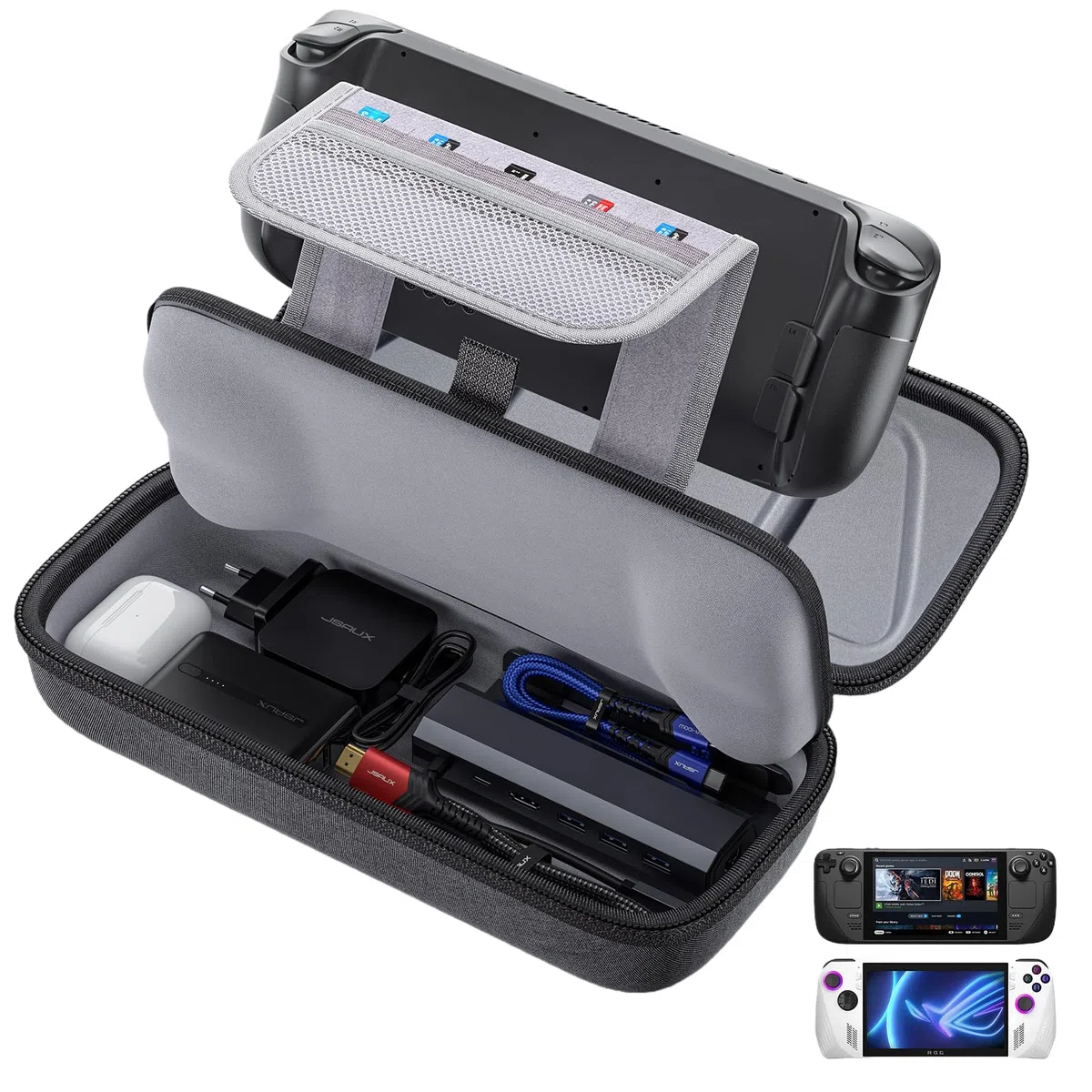 JSAUX Funda para Steam Deck/ROG Ally, Funda Rígida Protectora con Cargador Integrado y Estación de Acoplamiento, Bolsa de Viaje Portátil para Steam Deck OLED/ROG Ally X - BG0106X