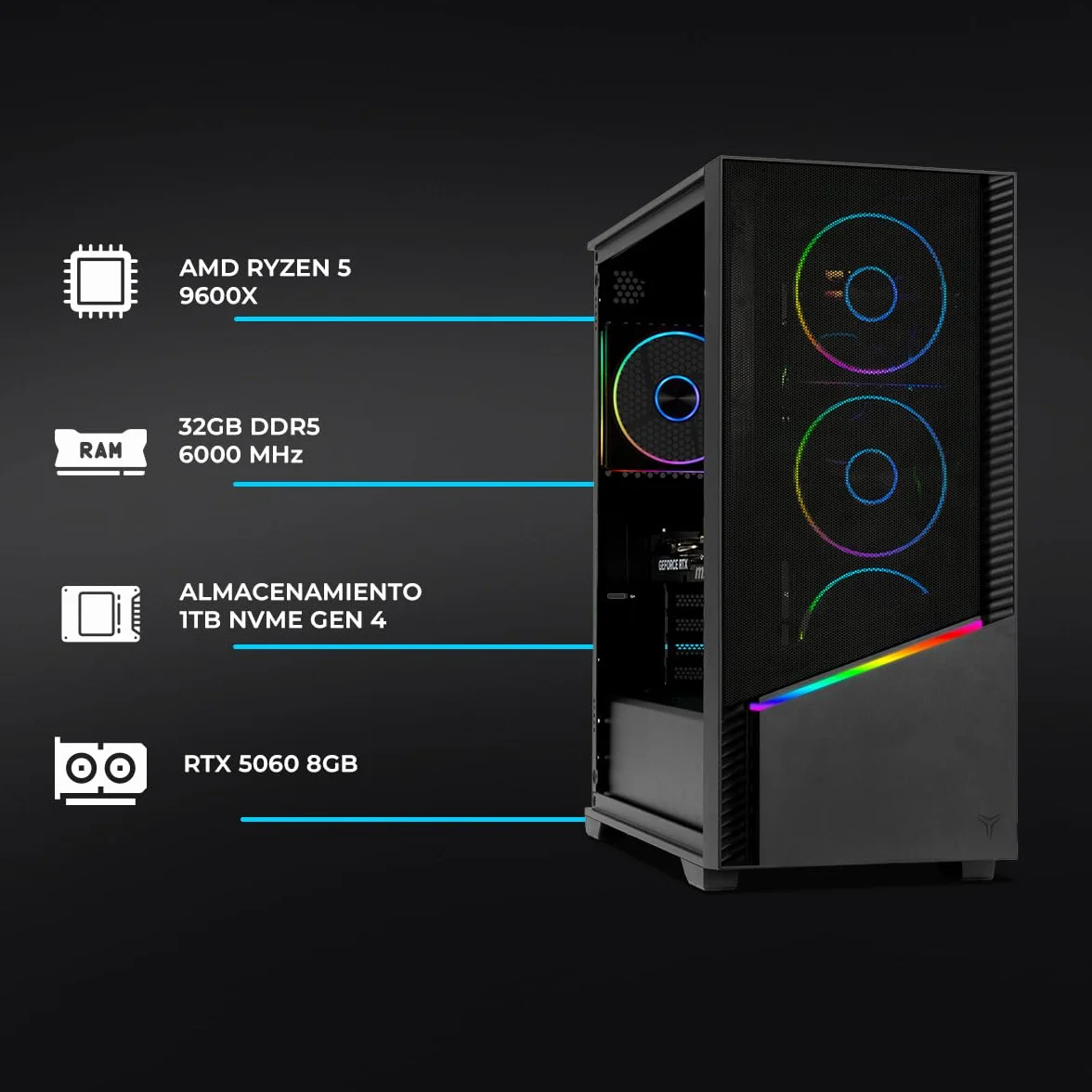 YEYIAN PC Gaming Elara Z5 Copilot Esports AMD Ryzen 5 9600X 6 Cores a 5,4 GHz | NVIDIA GeForce RTX 5060 8GB GDDR7 | 32GB DDR5 6000 MHz | 1TB SSD M.2 NVMe Gen4 | LAN, WiFi, Bluetooth | Windows 11 Pro