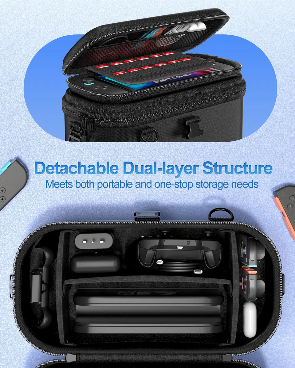 ProCase Funda de Transporte para Nintendo Switch 2 (2025),Estuche Grande Doble Capa,Bolsa Portátil de Viaje con Correa para Hombro,Protección EVA,Almacenamiento de Consola,Juegos y Accesorios– Negro