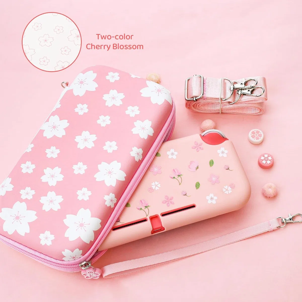RHOTALL Funda de transporte con diseño de flor de cerezo rosa y blanco para Nintendo Switch Lite, funda de almacenamiento potable para accesorios Switch con funda protectora, protector de pantalla,