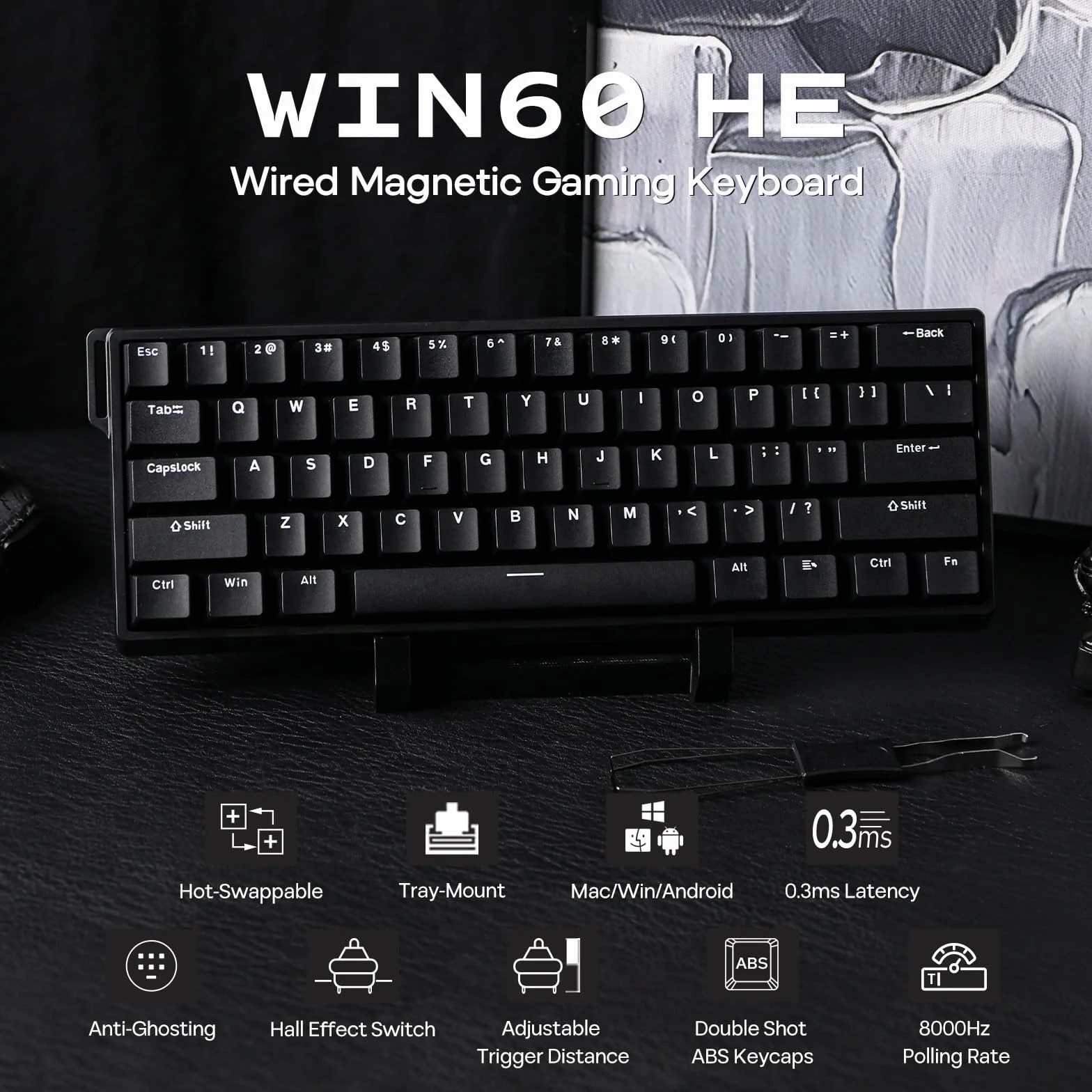 EPOMAKER Aula WIN60 HE Teclado Magnético 60% con Cable, Acción Ajustable, Tasa de Sondeo 8000Hz, Switches Hall Effect, Intercambiable en Caliente, para Juegos de FPS, QWERTY (Negro)