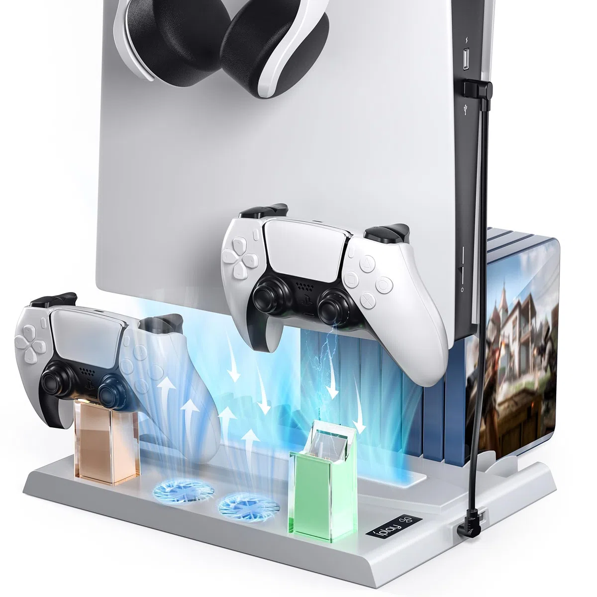 Soporte PS5 con Ventilador y Estación Carga Mando PS5, Multifuncional Soporte Refrigeración con Indicador LED Accesorios Playstation 5 15 Ranuras de Juegos(Edición Disc&Digital) (Blanco)