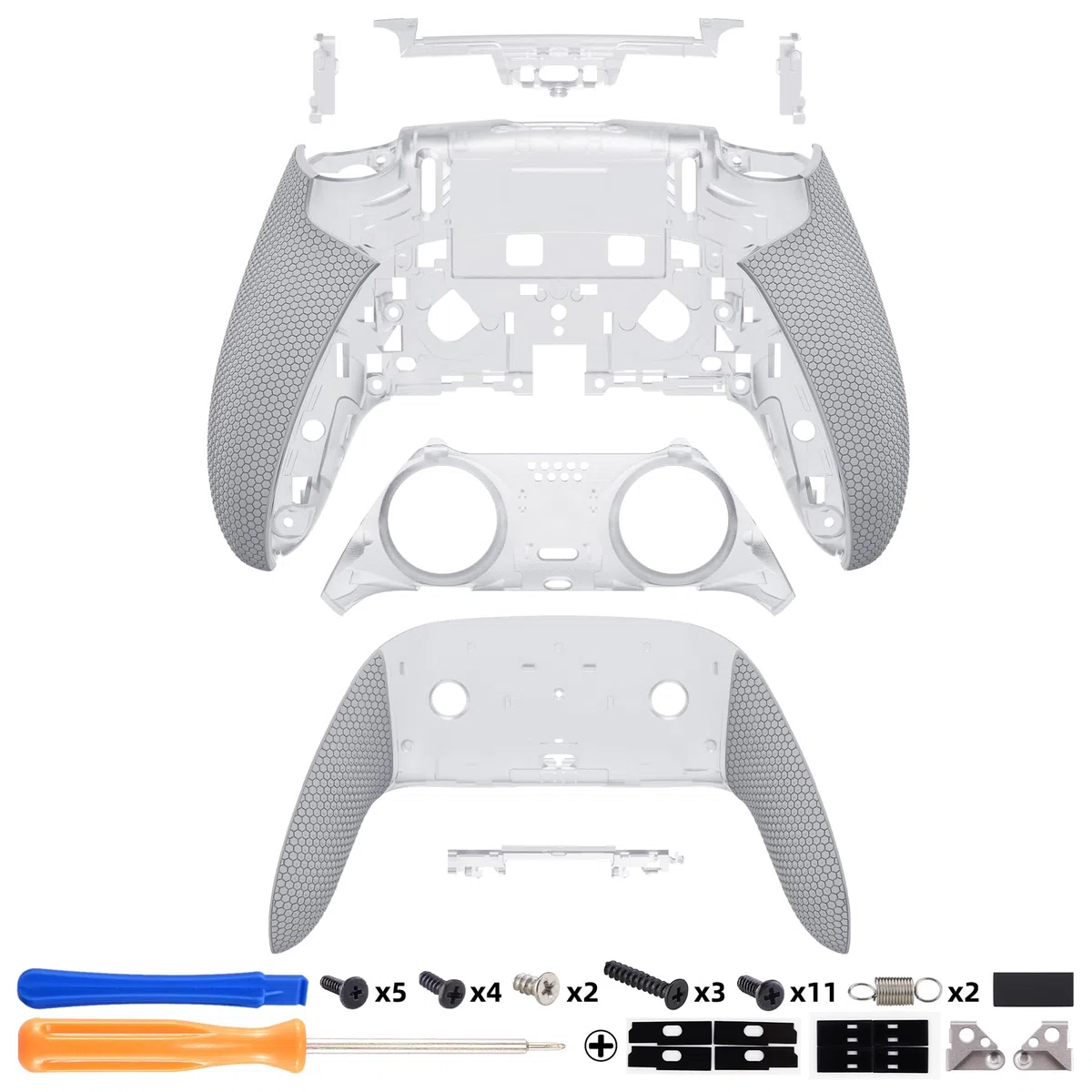 eXtremeRate Beyond ARC Carcasa Inferior Compatible con ps5 Edge Controller Accesorios Placa Cubierta Trasera con Grip de Goma de Repuesto y Marco Decorativo para ps5 Edge Mando (Gris & Transparente)