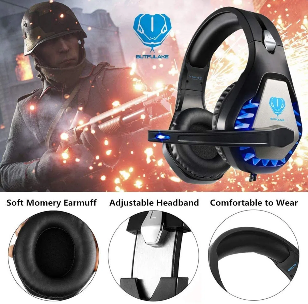 Butfulake GH-1 - Auriculares de diadema para juegos para PS4, Xbox One, Xbox One S, PC, Nintendo Switch, Mac, auriculares estéreo de 3.5 mm con cancelación de ruido y luz LED, color azul