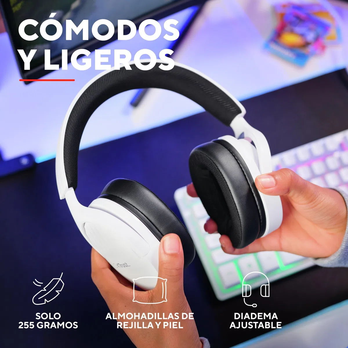 Trust Gaming GXT 489W Fayzo Cascos Gaming para PC, PS5, PS4, Xbox Series X|S, Switch, Mobile, 3.5 mm, 35% Plástico Reciclado, Auriculares Over-Ear Micrófono con Cancelación de Ruido - Blanco