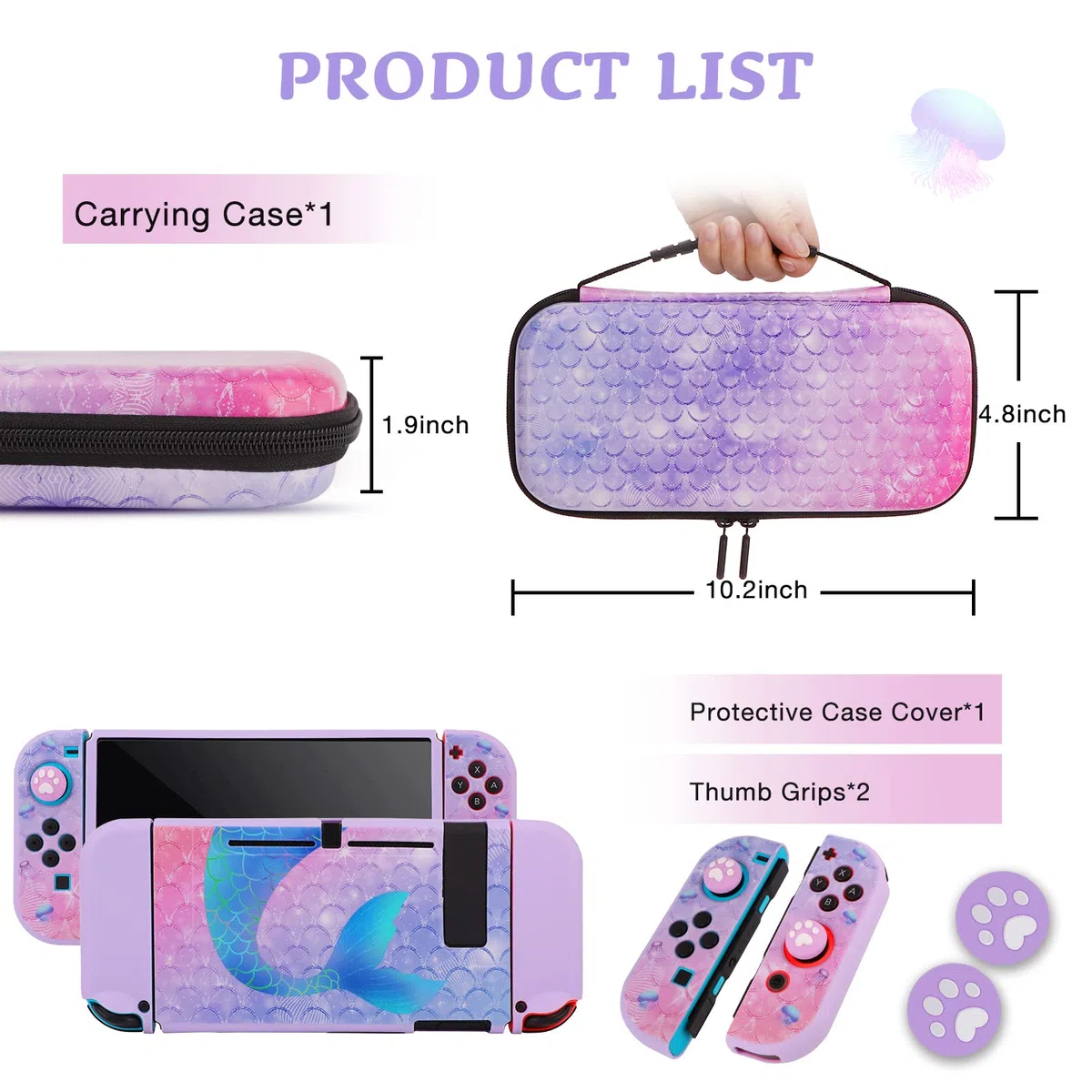 JYPS Sirena Funda para Nintendo Switch, Estuche de Transporte para Accesorios de Consola y Tarjetas de Juego, Rígido Bolsa de Viaje Protectora con asa para Switch para niñas(Morado)