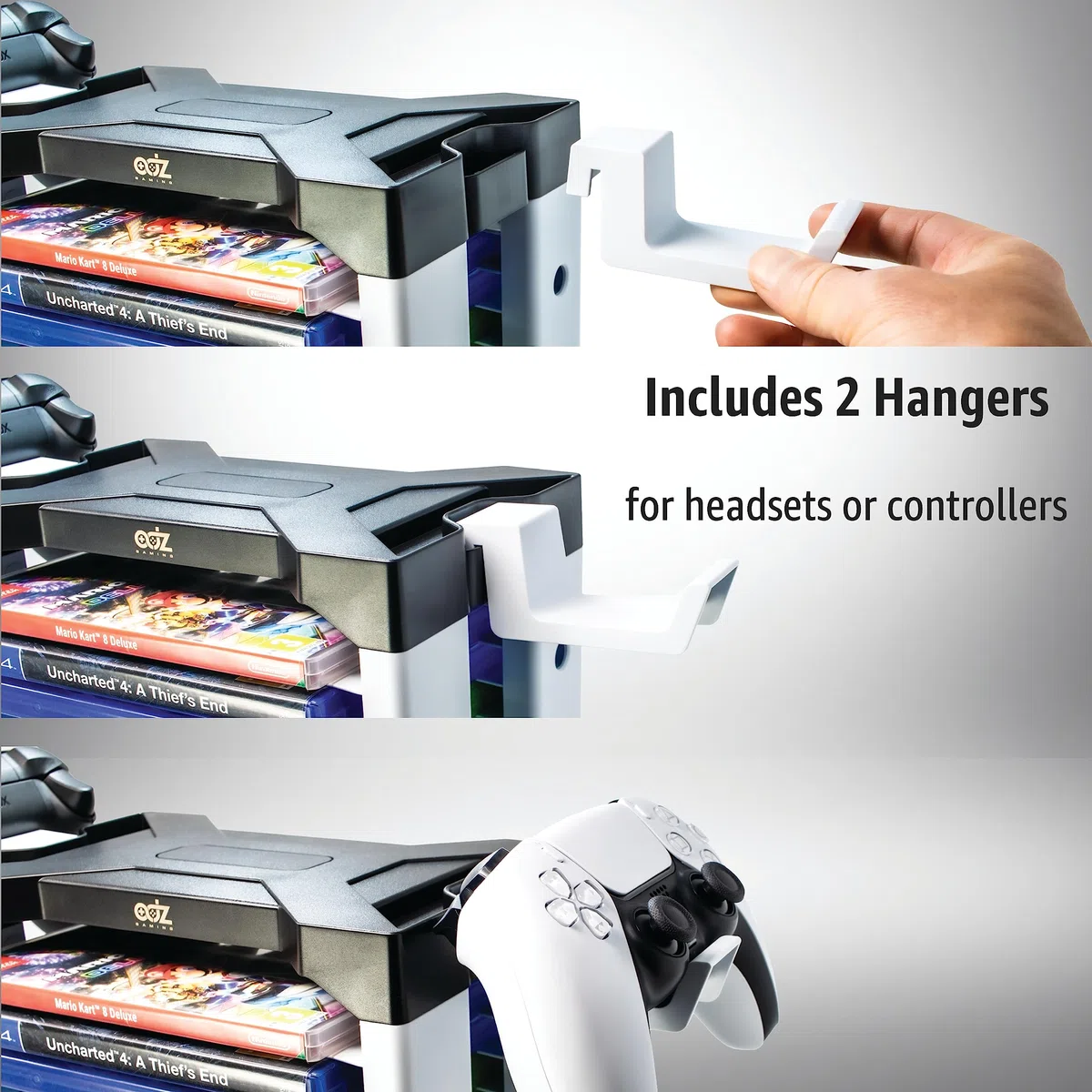 ADZ Soporte para juegos,Almacena 23 discos de juego o Blu Ray, Xbox Series X, Switch Games y discos Blu-Ray. Incluye 2 soportes para auriculares o controladores