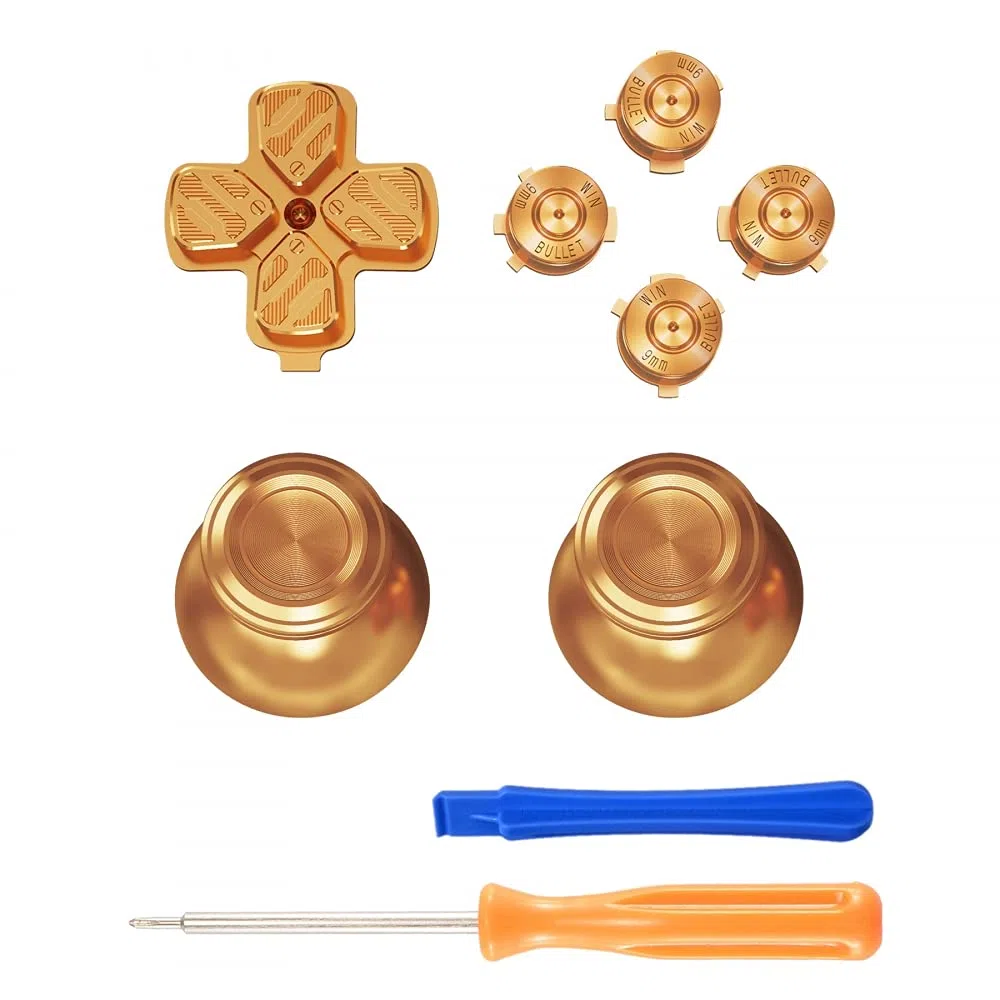 eXtremeRate Joysticks y Botones Metálicos para ps5 Mando, Repuestos de Thumbsticks Dpad ABXY de Metal, Tecla Analógica de Aluminio, Palanca Signo y Dirección para ps5 - No Incluye Control (Dorado)