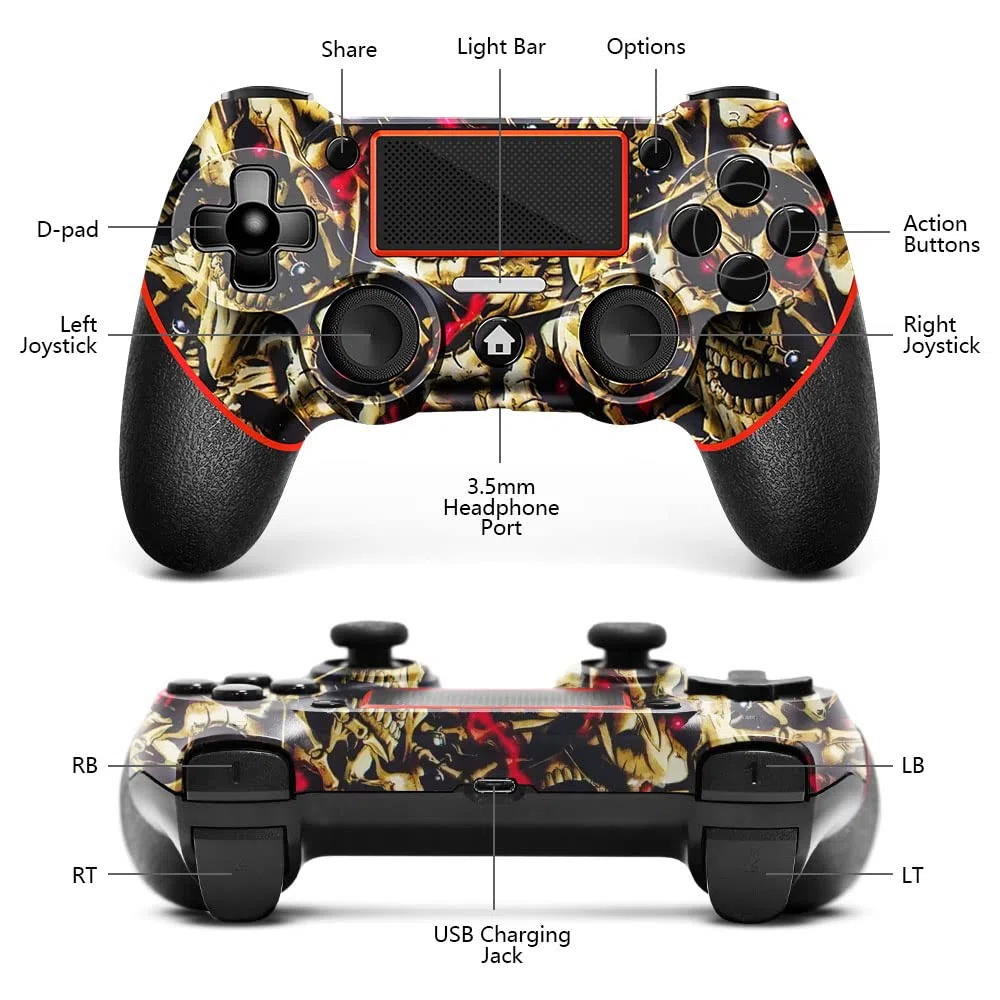 AceGamer Mando Inalámbrico para PS4，Mando de Juego para PS4/Pro/Slim/PC，Gamepad Joystick con Turbo/Botón Trasero/Doble Vibración/6-Axis Sensor Giroscópico/Panel Táctil (Esqueleto dorado)