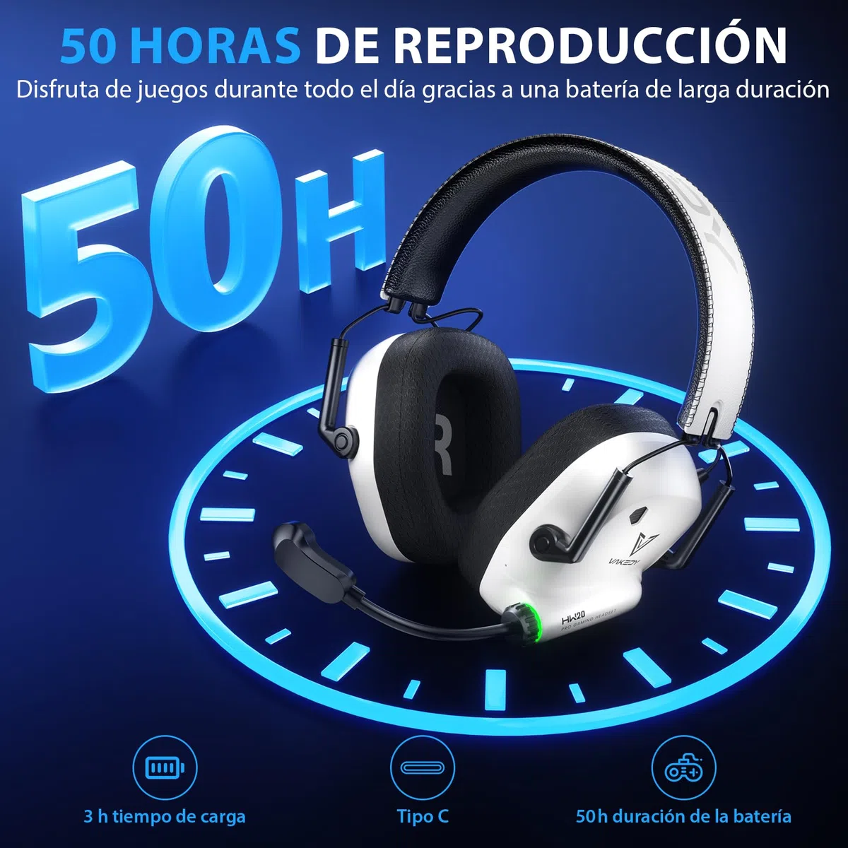 Vakedy Cascos Gaming Inalambricos, 2,4 GHz USB y Auriculares Bluetooth con Micrófono, Ultraligeros, Driver 50 mm, Baja Latencia, Batería 50H, Cascos Gamer para PS5/PS4/PC/Mac/Switch