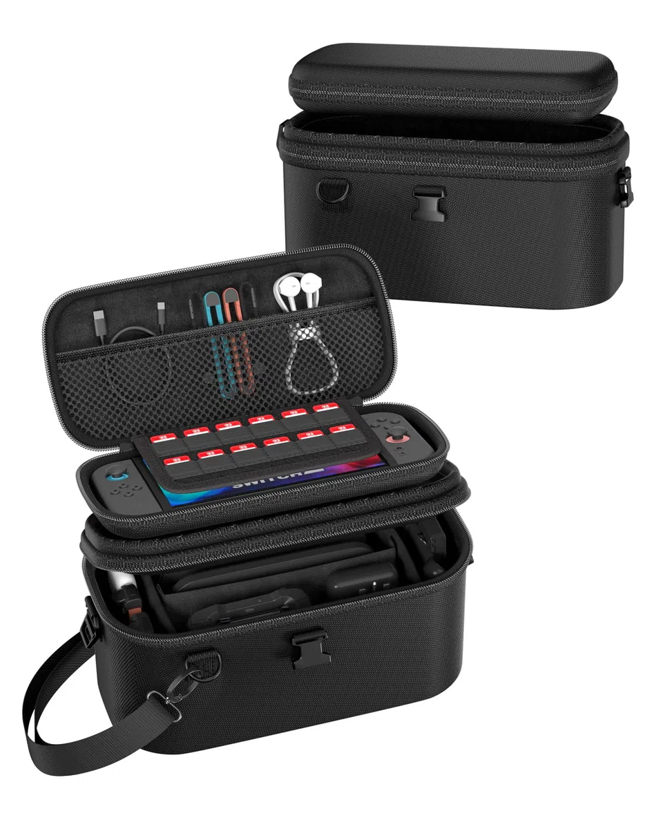 ProCase Funda de Transporte para Nintendo Switch 2 (2025),Estuche Grande Doble Capa,Bolsa Portátil de Viaje con Correa para Hombro,Protección EVA,Almacenamiento de Consola,Juegos y Accesorios– Negro