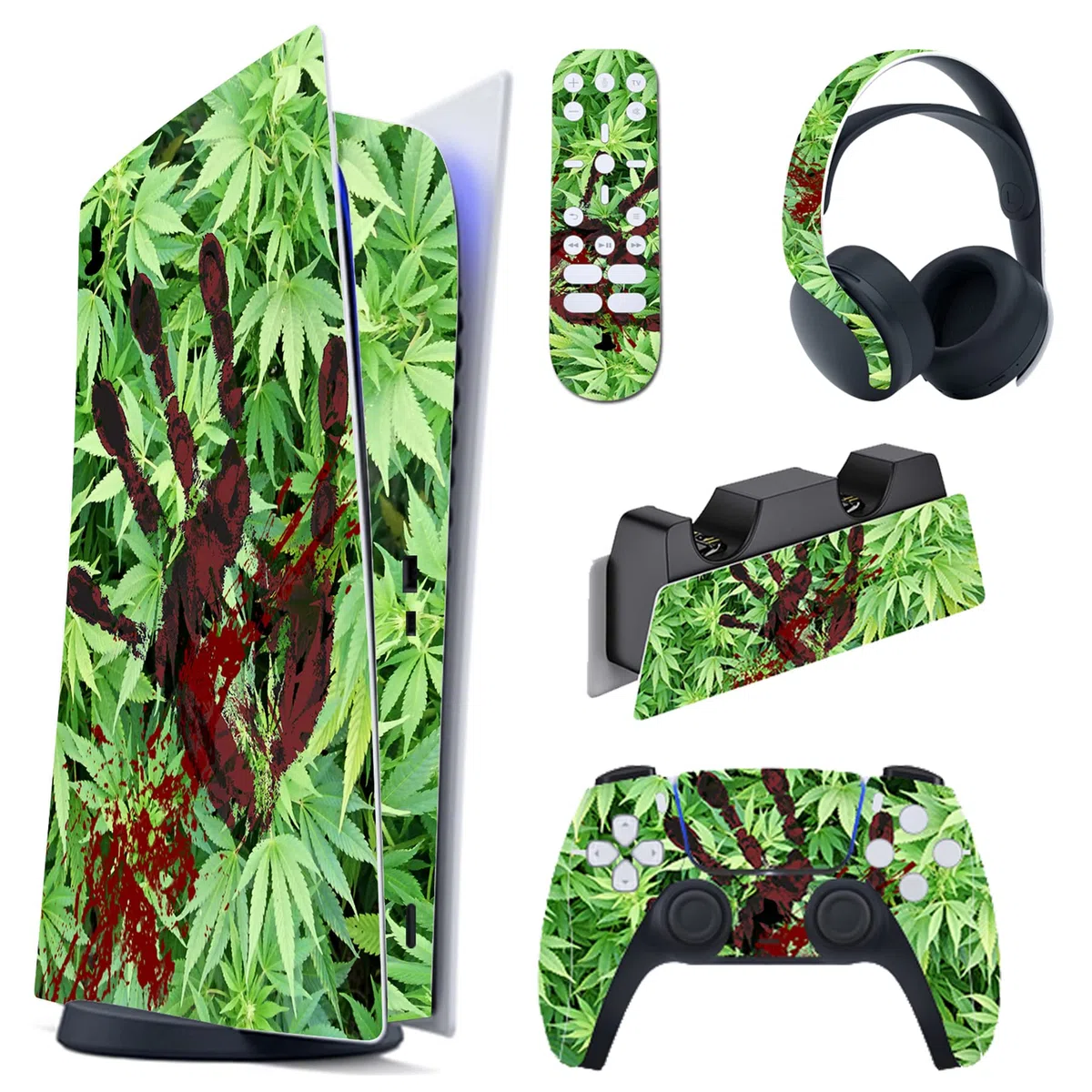 playvital Pegatina Completa para ps5 Edición Digital - Calcomanía Vinilo para Consola, Control, Estación de Recarga, Control Remoto y Audífonos, Adhesivo Piel (Hierba y Mano)