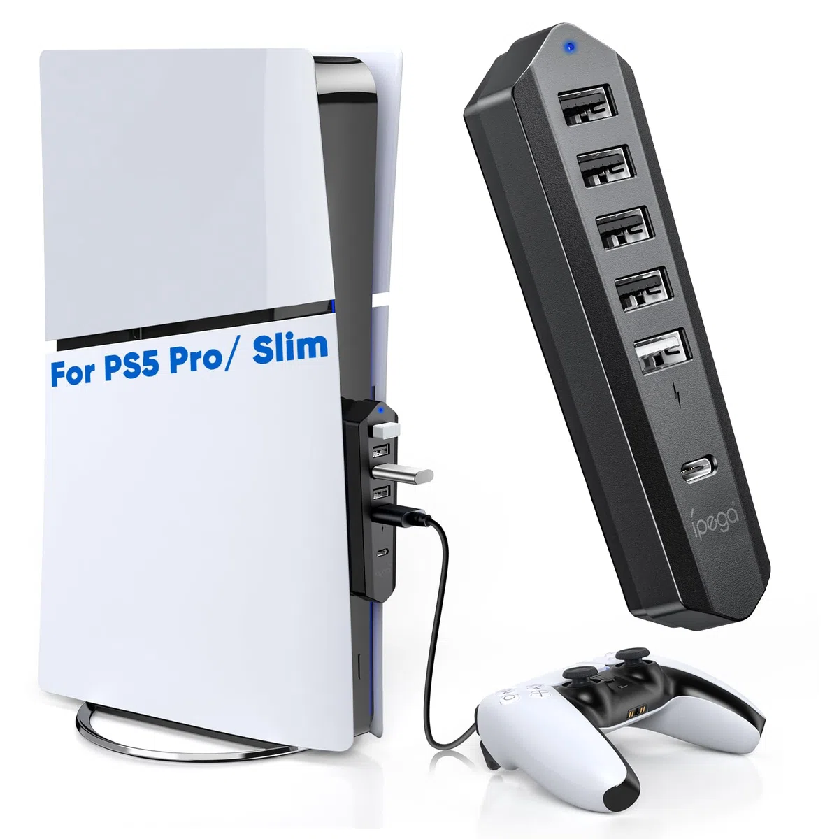 Hub USB 6 en 1 para PS5 Pro/Slim - Extensión de puerto USB de alta velocidad con 1 tipo C 3.0, 4 USB-A 2.0 y 1 puerto de carga, adaptador para consola de disco y digital