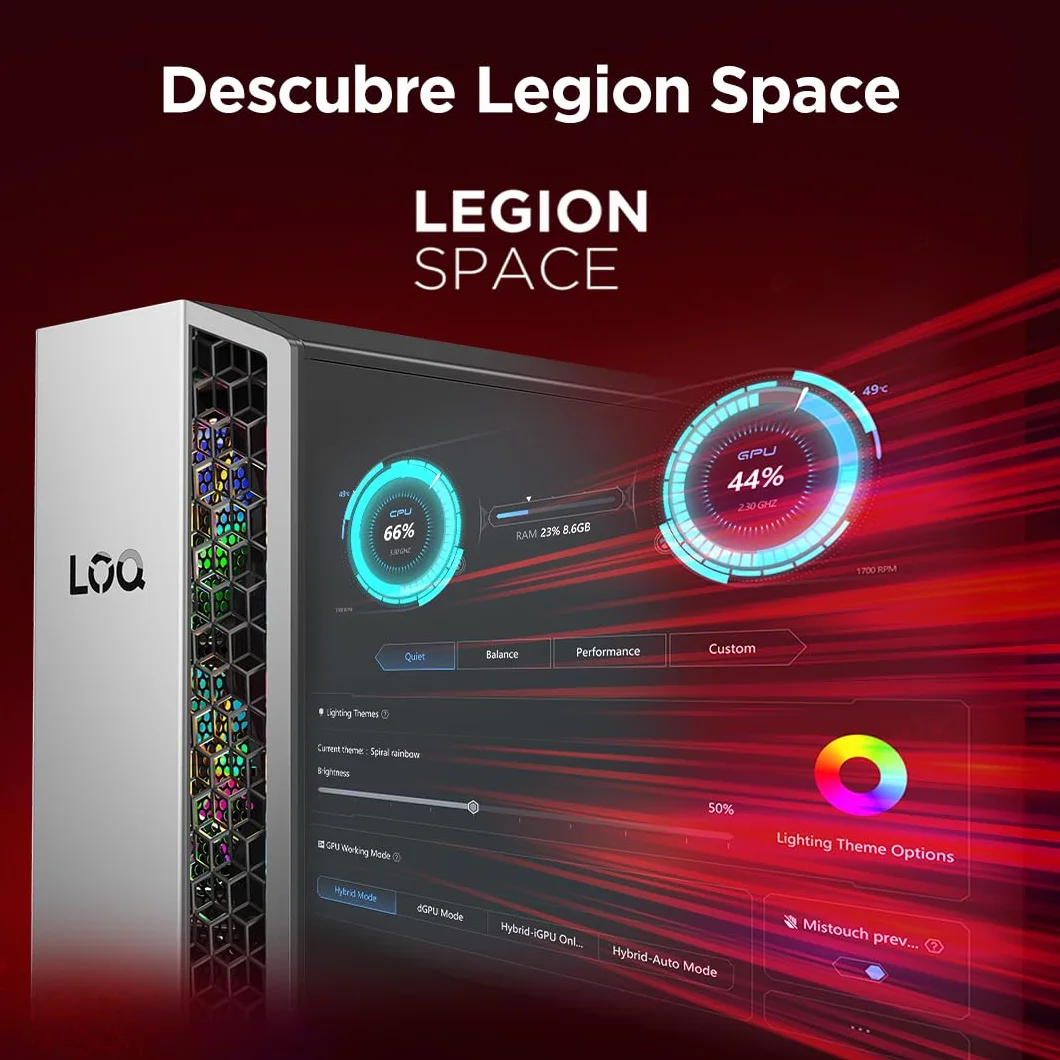 Lenovo LOQ Tower Gaming (AMD Ryzen 7 8745HX, NVIDIA GeForce RTX 5060, 16 GB RAM, 1 TB SSD, 26L, Wi-Fi 7, Sin Sistema Operativo) - Color Gris