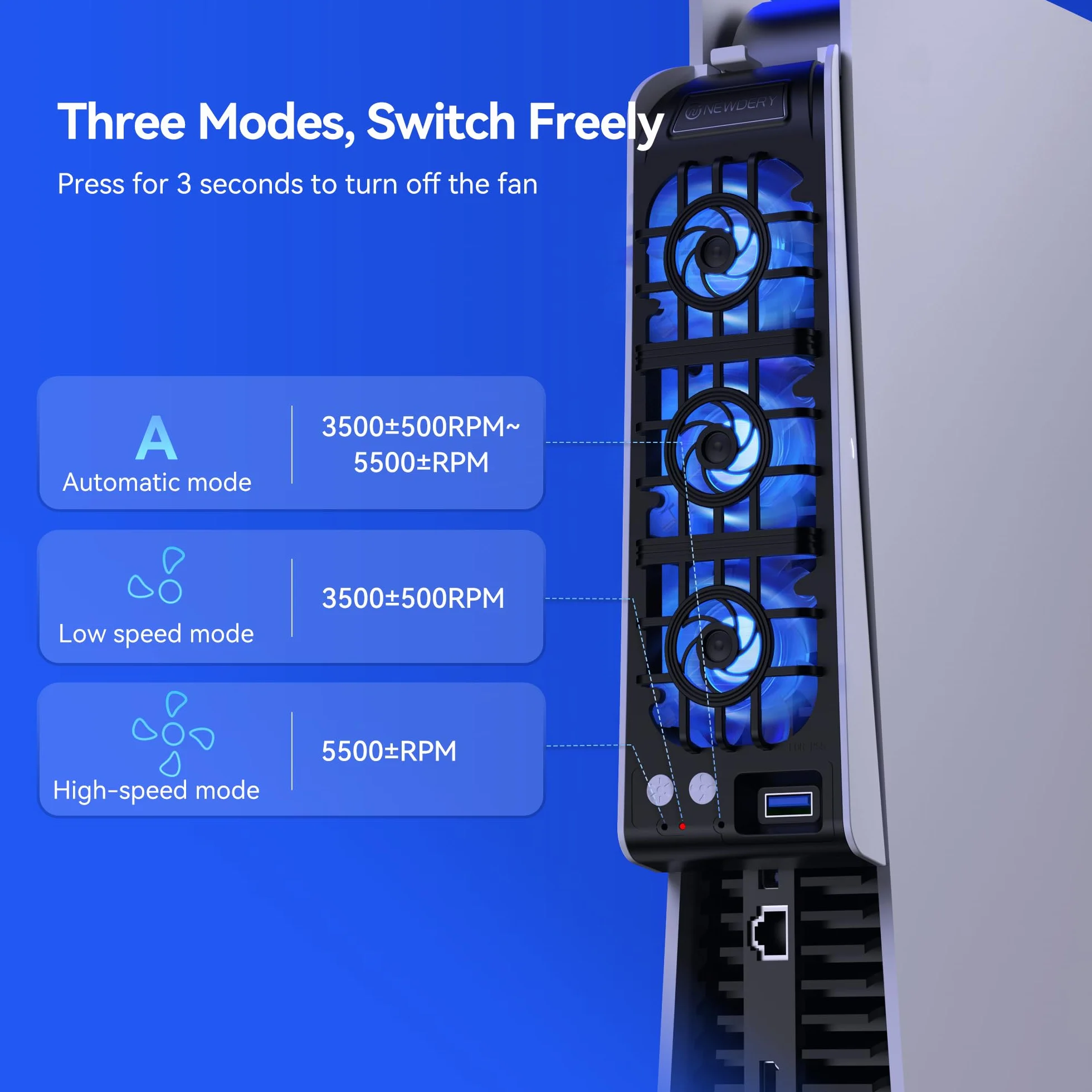NEWDERY Ventilador para Accesorios de PS5. Ventilador silencioso Mejorado, Velocidad Ajustable automáticamente según la Temperatura, luz RGB dinámica, Compatible con PlayStation 5