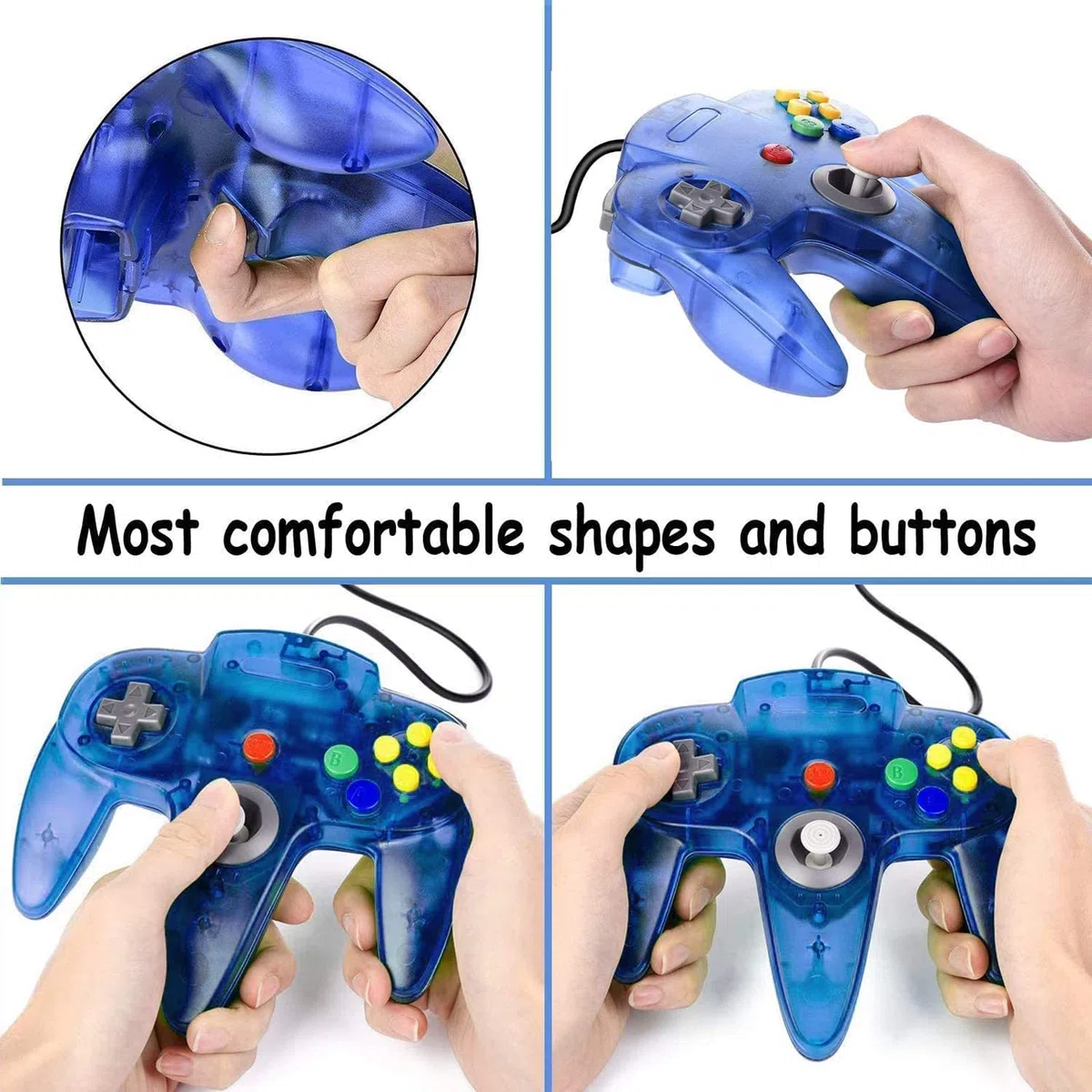 Hovlian Paquete de 2 mandos clásicos, con cable de 64 bits para consola N64 (azul transparente y morado transparente)