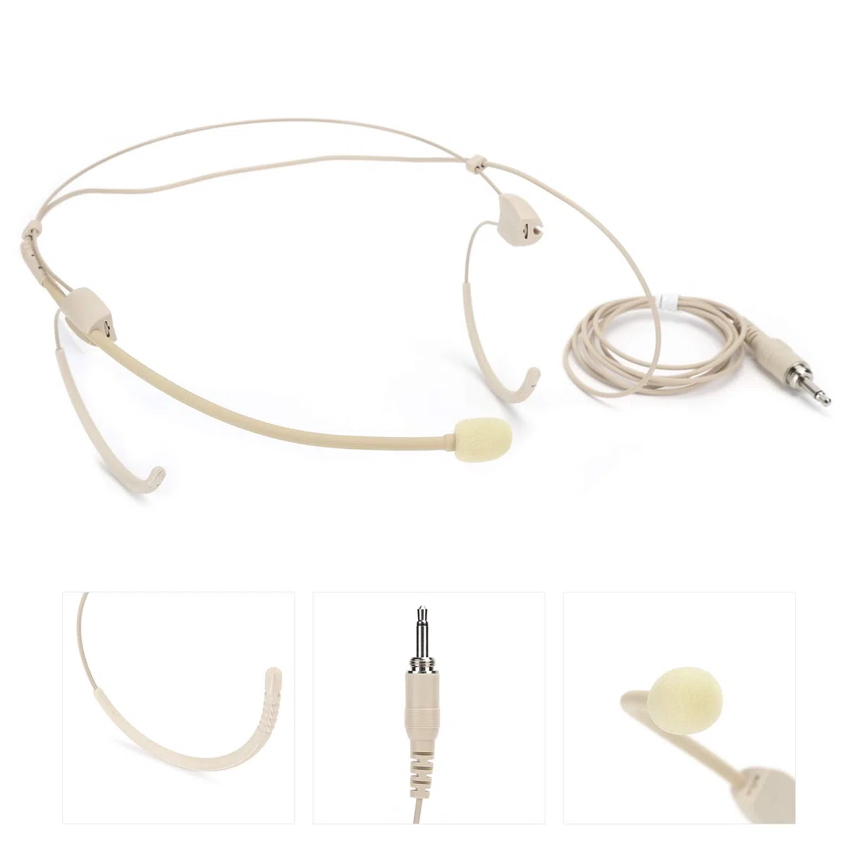 Micrófono de diadema de 3.5 mm, mini micrófono de condensador colgante binaural portátil, micrófono de diadema para transmisor de petaca para escenario, iglesia, Leturer - Beige