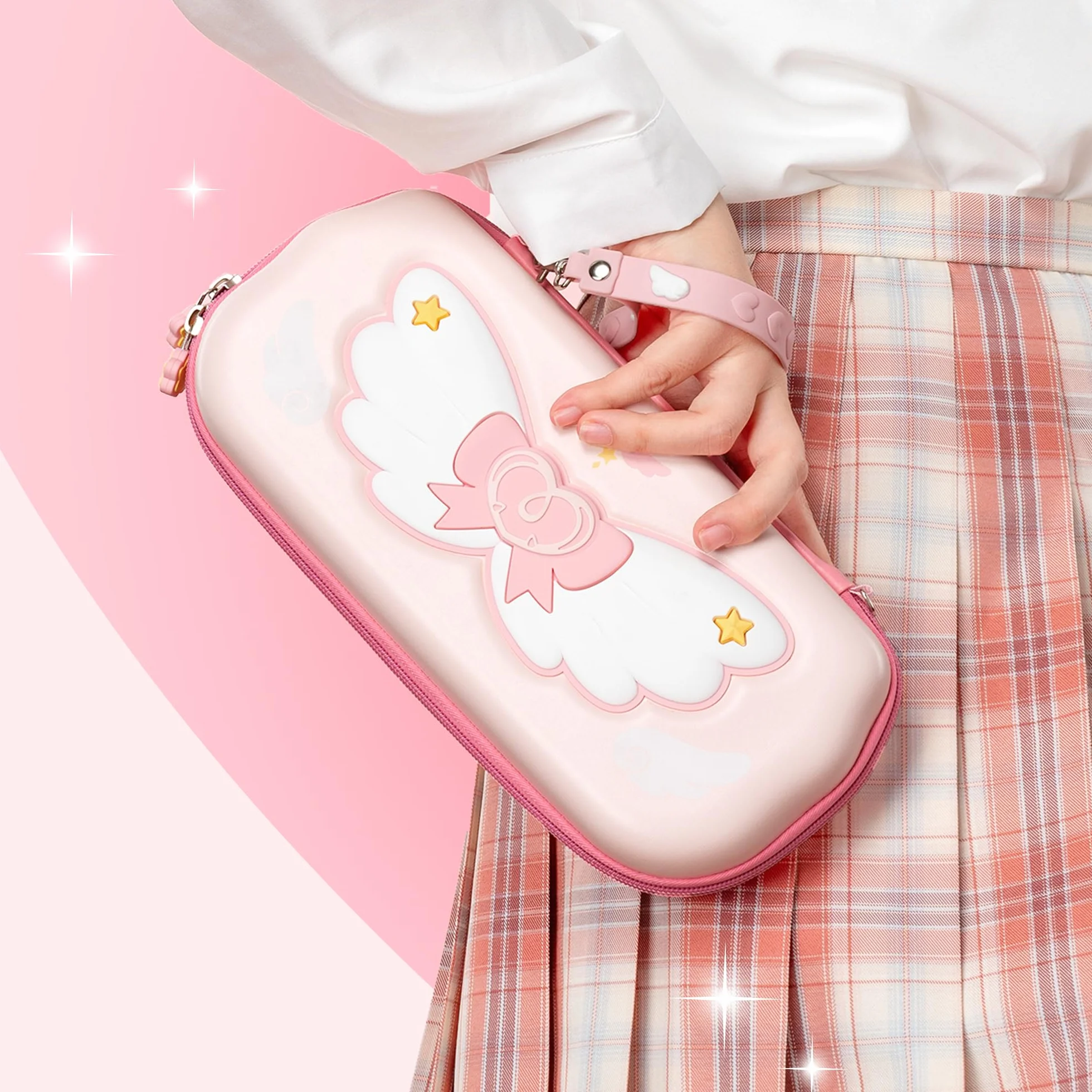 GeekShare Estuche Rígido Rosa Compatible con Switch/Switch OLED, Anti-Caída Impermeable Gran Capacidad Compatible con Consola Switch y Accesorios de Juego - Star Wing, Rosa, Organizador de Bolsa