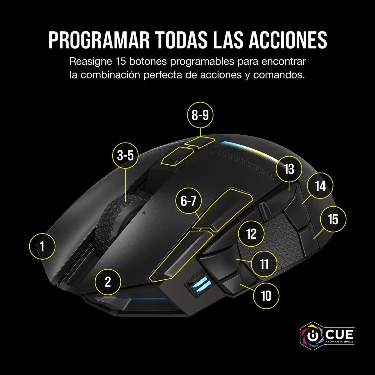 Corsair DARKSTAR Ratón Inalámbrico RGB para Juegos MMO - 26.000 PPP - 15 Botones Programables - Batería hasta 80 Horas - Compatible con iCUE - PC, PS5, PS4, Xbox - Negro