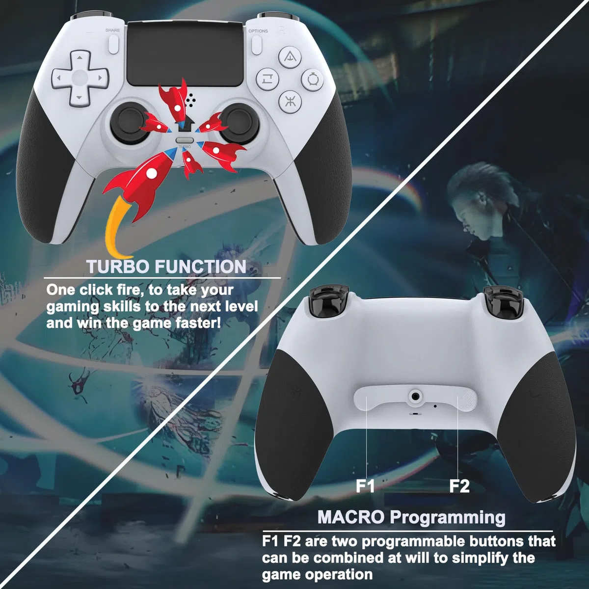 RCCBOOST Mando Inalámbrico para PS4, Mando PS4 con Conector para Micrófono y audio, Mando P4 con Doble Vibración y Giroscopio de Seis Ejes, Macro, Turbo, Pantalla Táctil, Batería de 800mah
