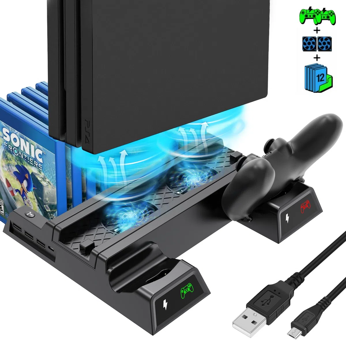 ASUNCELL Soporte vertical para PS4, con ventilador y estación de carga para PS4 Pro/Slim, incluye 12 juegos