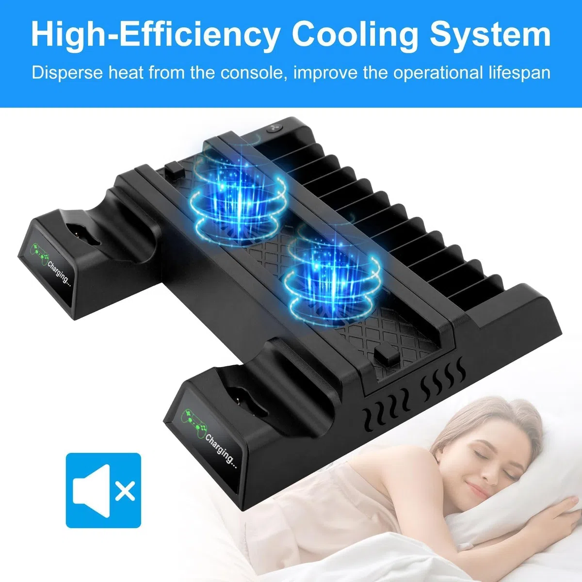 EEEKit Soporte con Ventilador para PlayStation 4, PS4 Pro Ventilador de Refrigeración para PS4 Slim con Estación de Carga para 2 Mandos, Hub USB, Almacenamiento para 12 Juegos