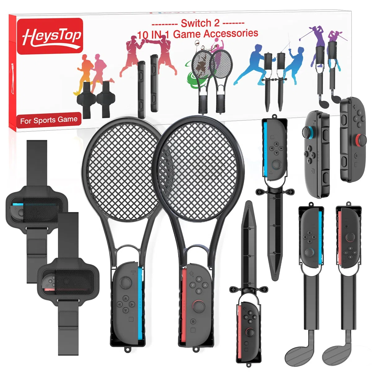 HEYSTOP Accesorios de Juego para Nintendo Switch 2 Joycon, Kit de Accesorios de Juego 10 en 1 con Palos de Golf y Otros Accesorios Deportivos de Juego para Reuniones Familiares y de Amigos