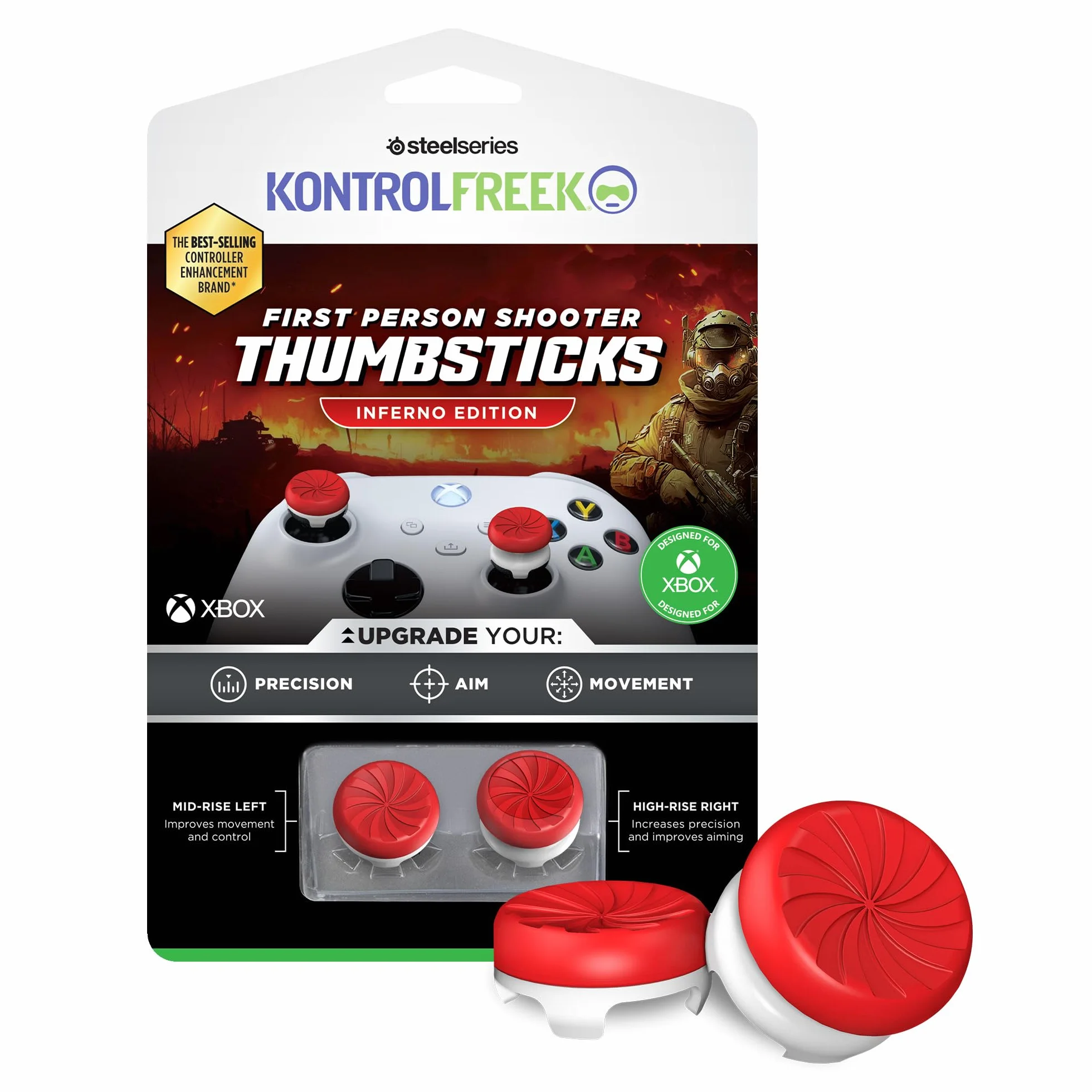 KontrolFreek FPS Freek Inferno - Controlador para Xbox One y Xbox Series X, palancas Pulgares de Rendimiento, 1 Altura Alta, 1 Altura Media, Rojo/Blanco