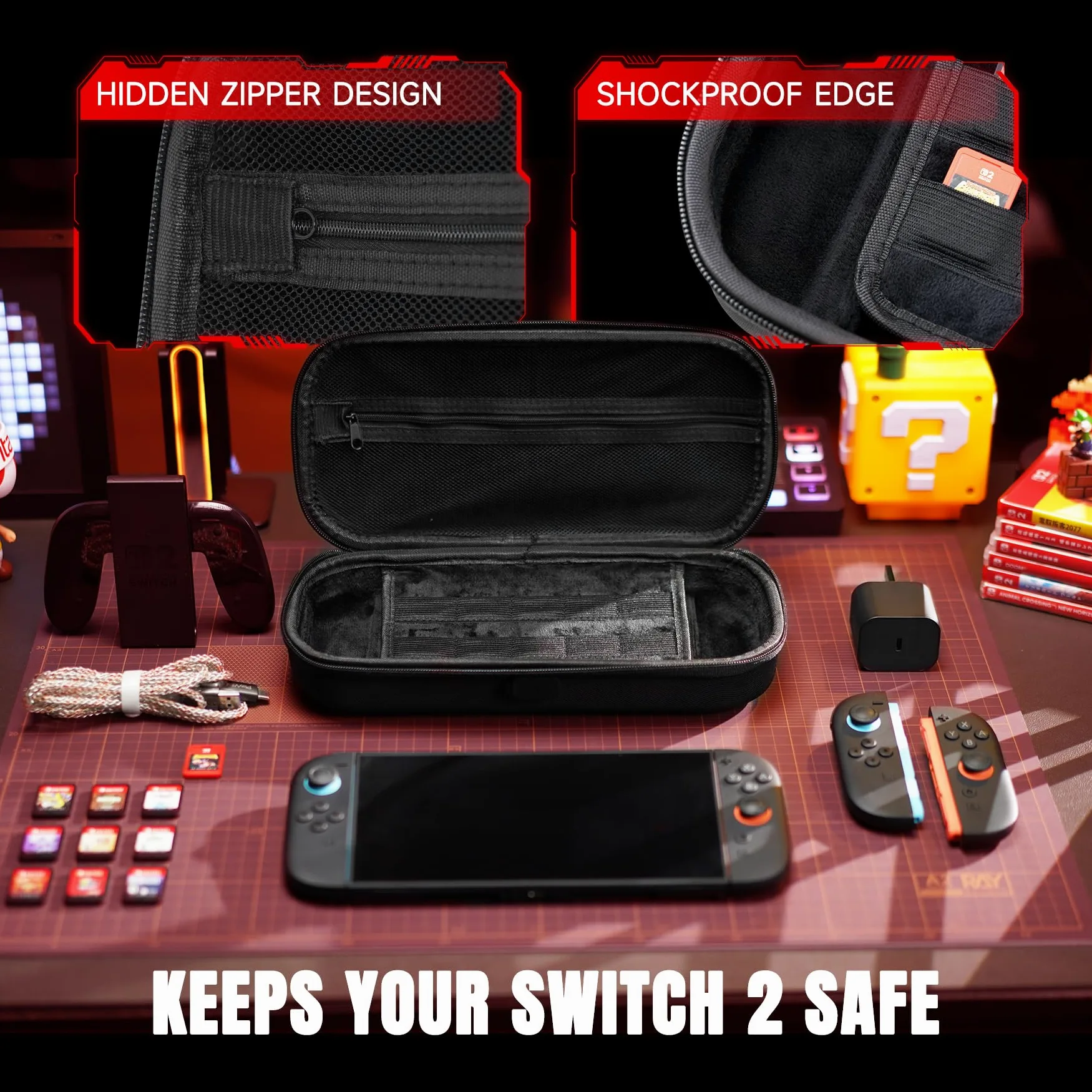 PlayVital Funda para Nintendo Switch 2 Accesorios, Estuche de Transporte con Puerto de Carga, Funda de Viaje Portátil con 10 Ranuras para Tarjetas de Juego, Protectora Antigolpes para Switch 2 (Negro)