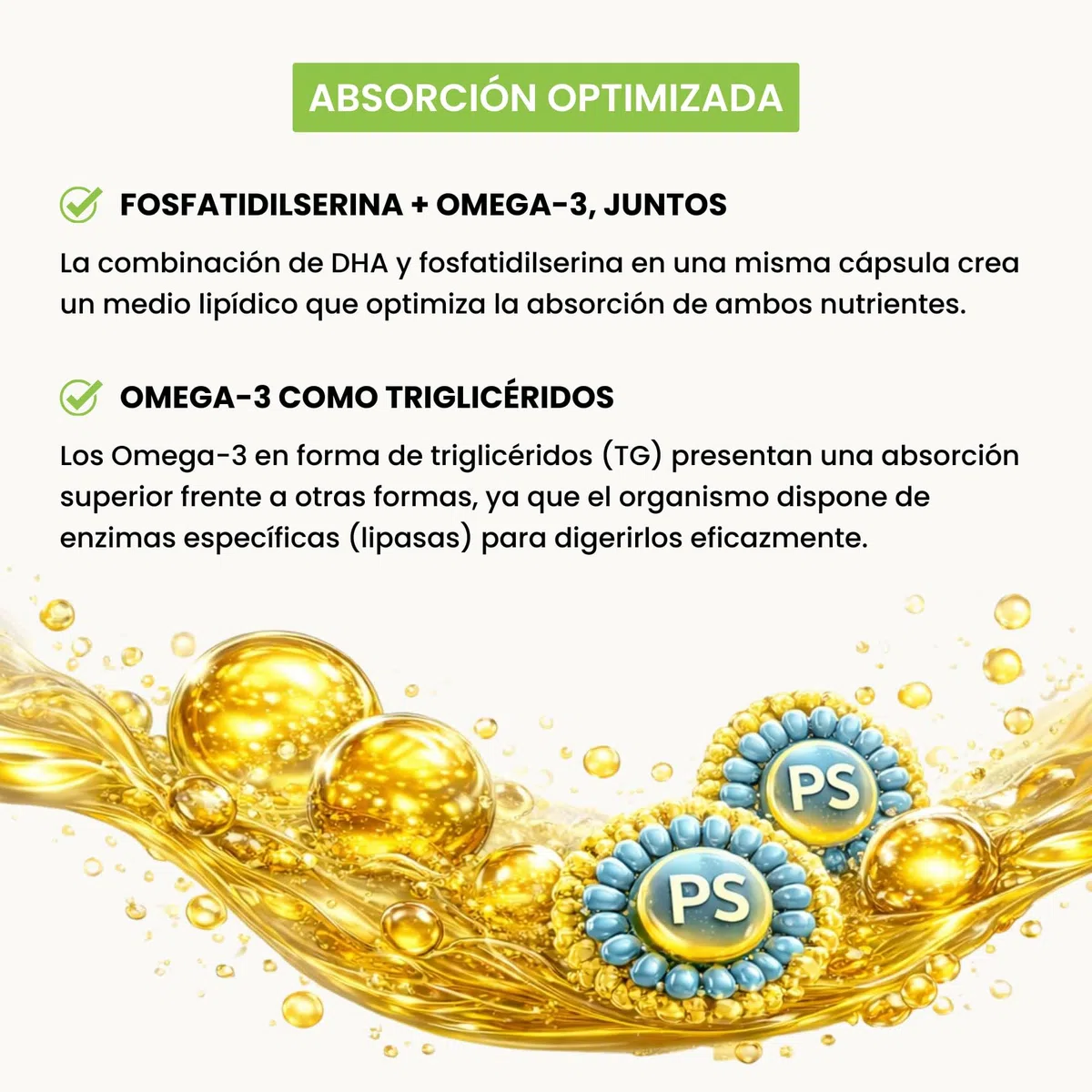 500 mg Omega 3 DHA TG (Triglicéridos) + 100 mg Fosfatidilserina Sin Soja - Memoria y Concentración - Embarazo y Lactancia - Alta absorción - 120 Mini-Perlas | DHA-PS Nutribiolite