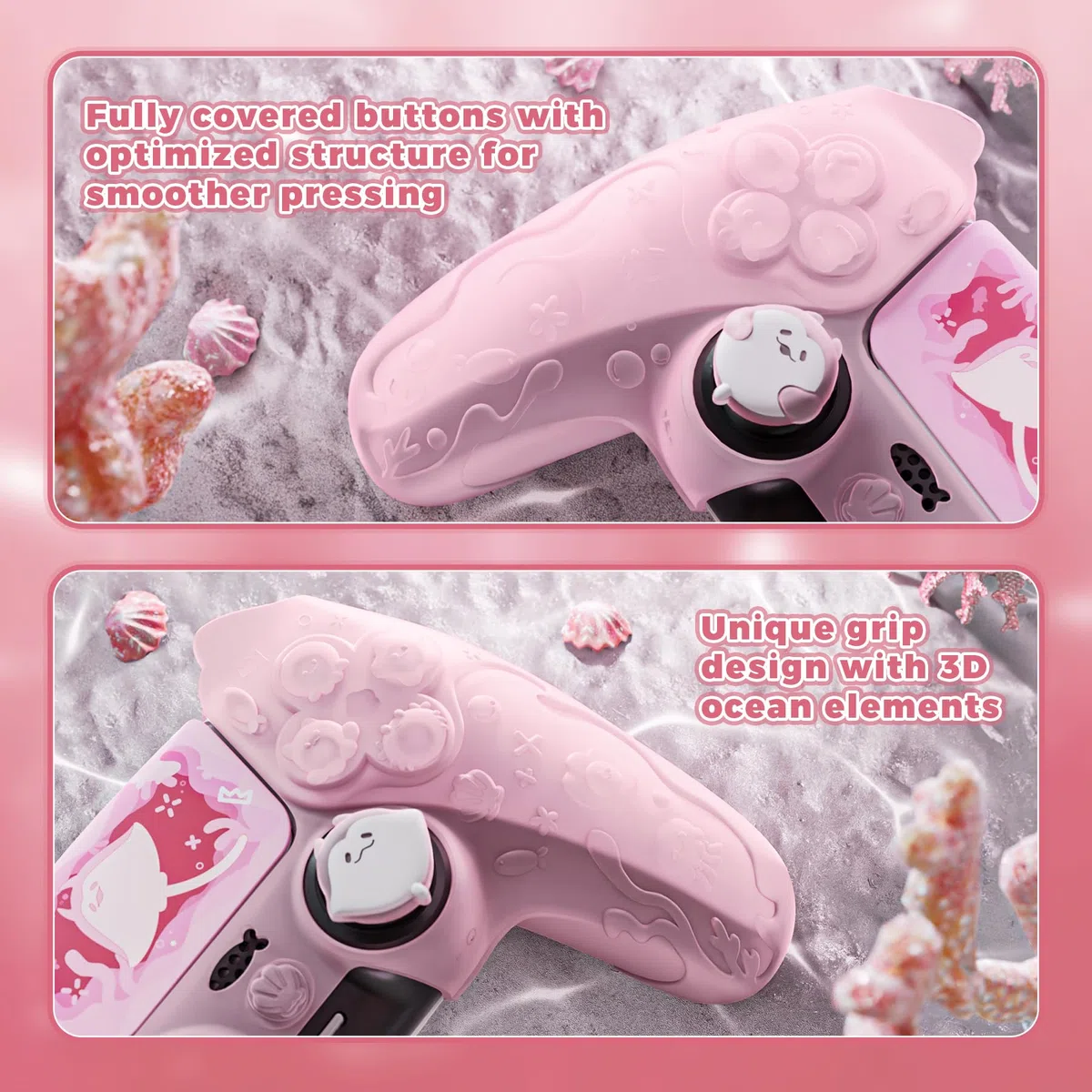 PlayVital Funda de Silicona Semitransparente para ps5 Mando - Serie Cute Ocean Whisper, Carcasa Protectora con Tapas para Joysticks y Pegatina, Compatible con Base de Carga (Rosa Melocotón)