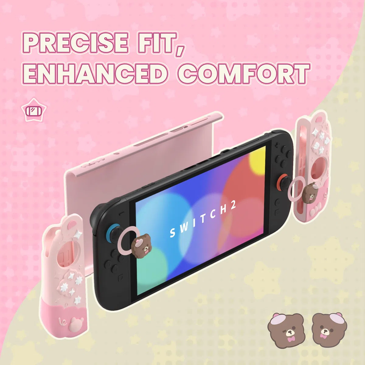 PlayVital Funda Protectora para Nintendo Switch 2 (2025) - Agarre de Silicona con Carcasa Trasera de PC, Protector con Soporte Plegable y Tapas para Joysticks, Diseño de Oso Lindo