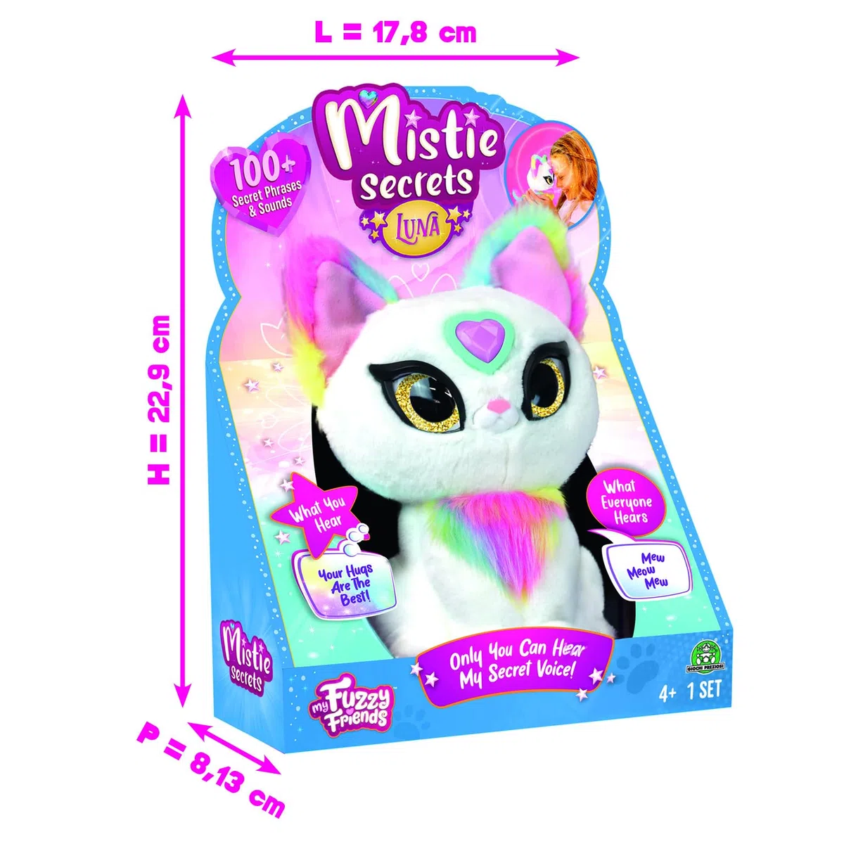 Mistie Secrets, Peluche Interactivo con Funciones electrónicas, Habla en francés, Solo tú Puedes Escuchar Sus Secretos, Corazón mágico, Modelo Luna, para niños Desde 4 años, MY0000