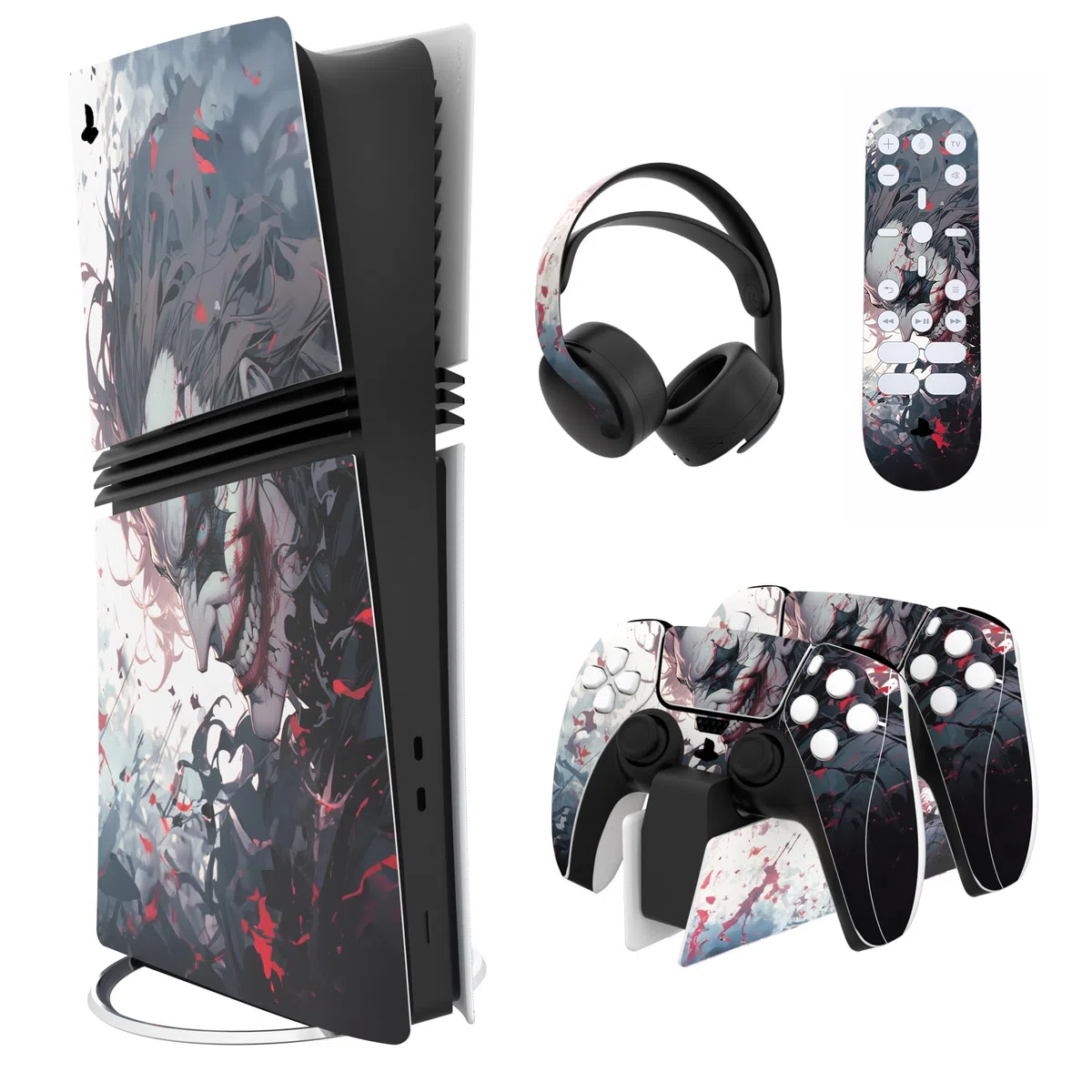 PlayVital Pegatina Completa para ps5 Pro Consola Digital & Disc - Vinilo Calcomanía Adhesiva para Mando, Auriculares, Estación de Carga y Control Remoto, Accesorios Protector Decal (Payaso Asesino)