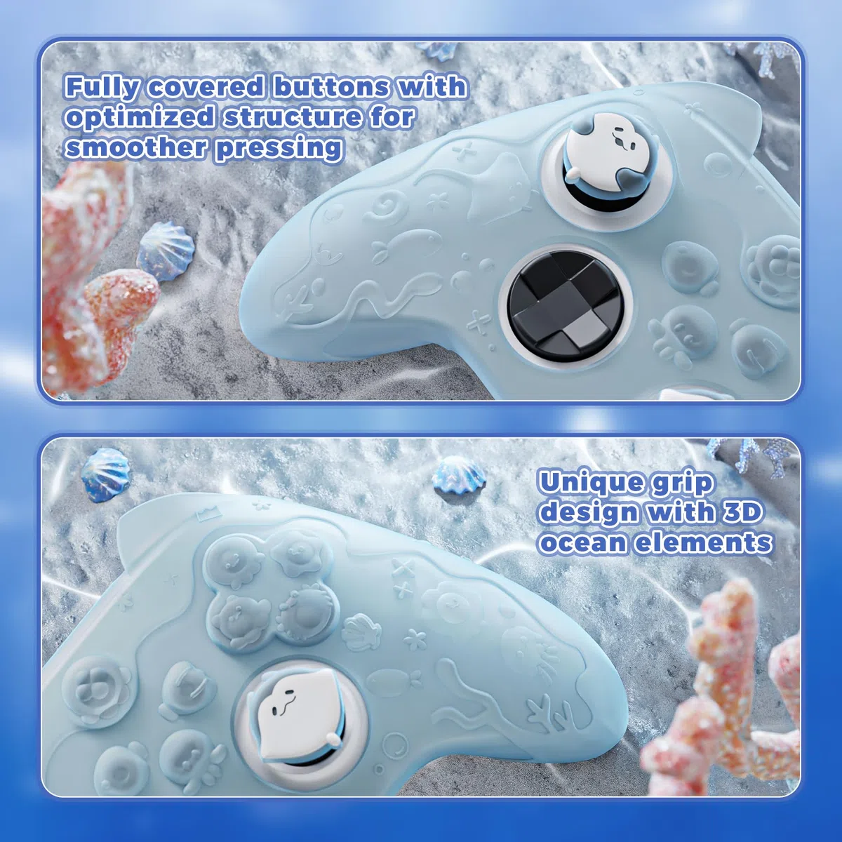 PlayVital Funda de Silicona para Xbox Series S/X Mando, Carcasa Protectora Antideslizante Semi-Transparente, Protección Completa, Incluye Thumb Grips y Sticker - Cute Ocean Whisper (Azul Menta)