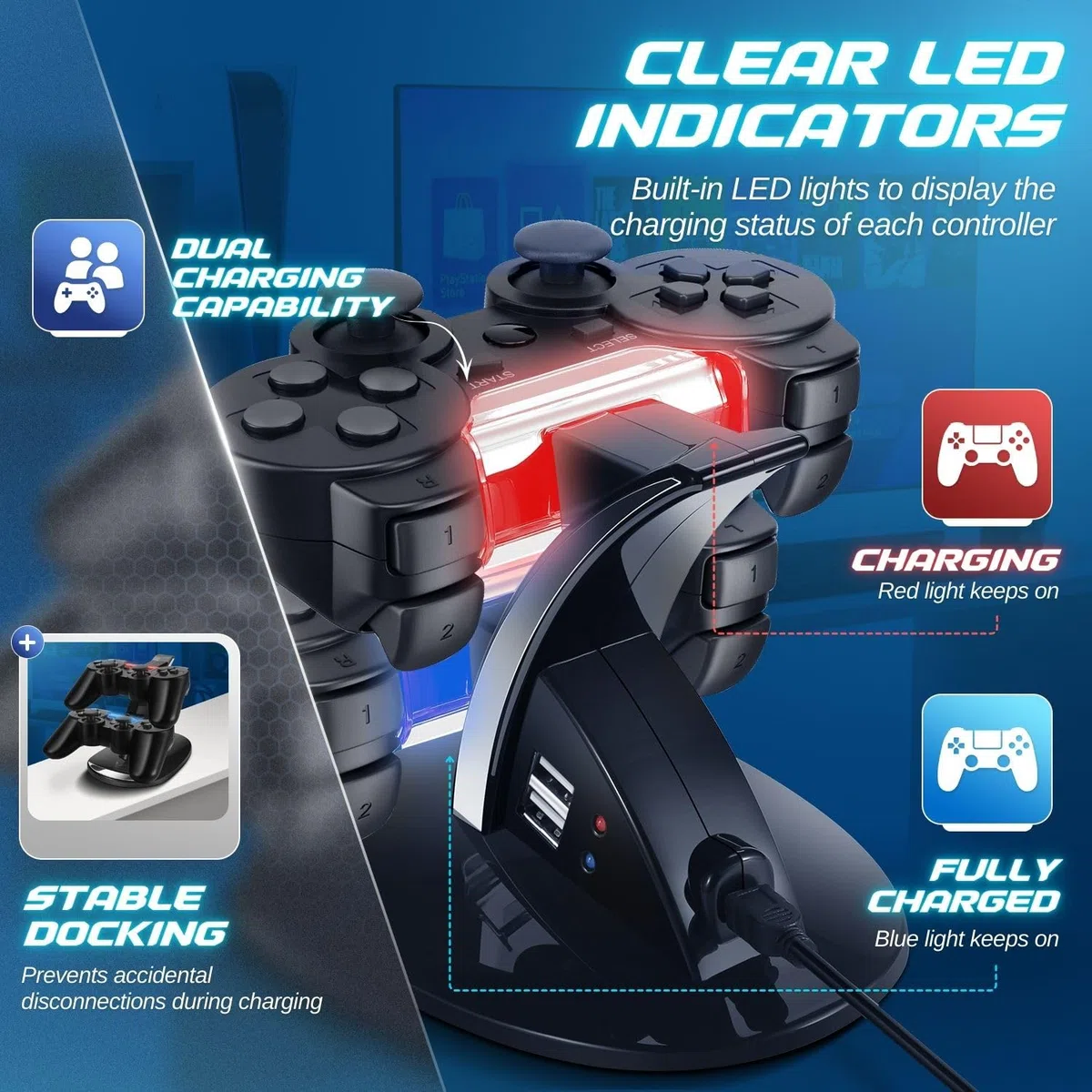 Base de Carga para Controlador PS3 de TNP para Sony PlayStation 3 Controlador Dualshock 3 Carga, Estaci�n de Acoplamiento de 2 Niveles y 2 Puertos compatibles con Cable USB PS3 con