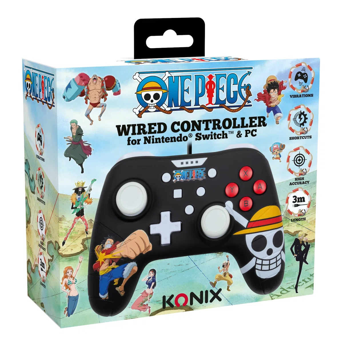 Konix Mando One Piece con cable para Nintendo Switch, Switch OLED y PC, función de vibración, cable de 3 m, diseño Luffy, color negro